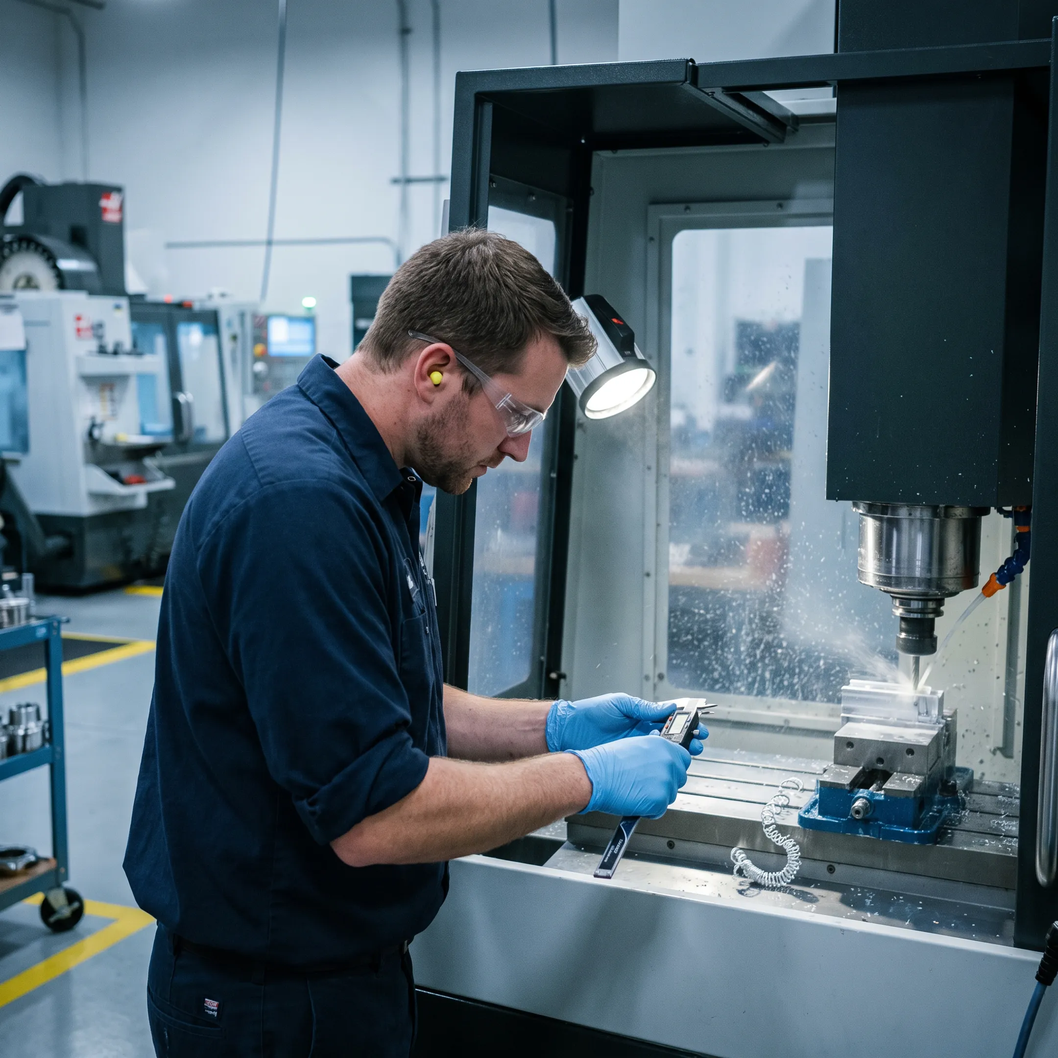 Machinist inspecting a precision CNC-machined component