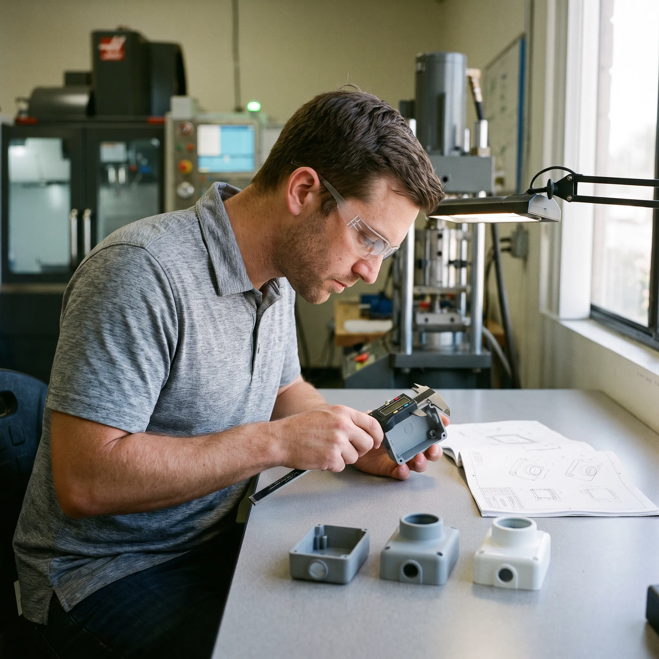 Engineer reviewing molded plastic product components