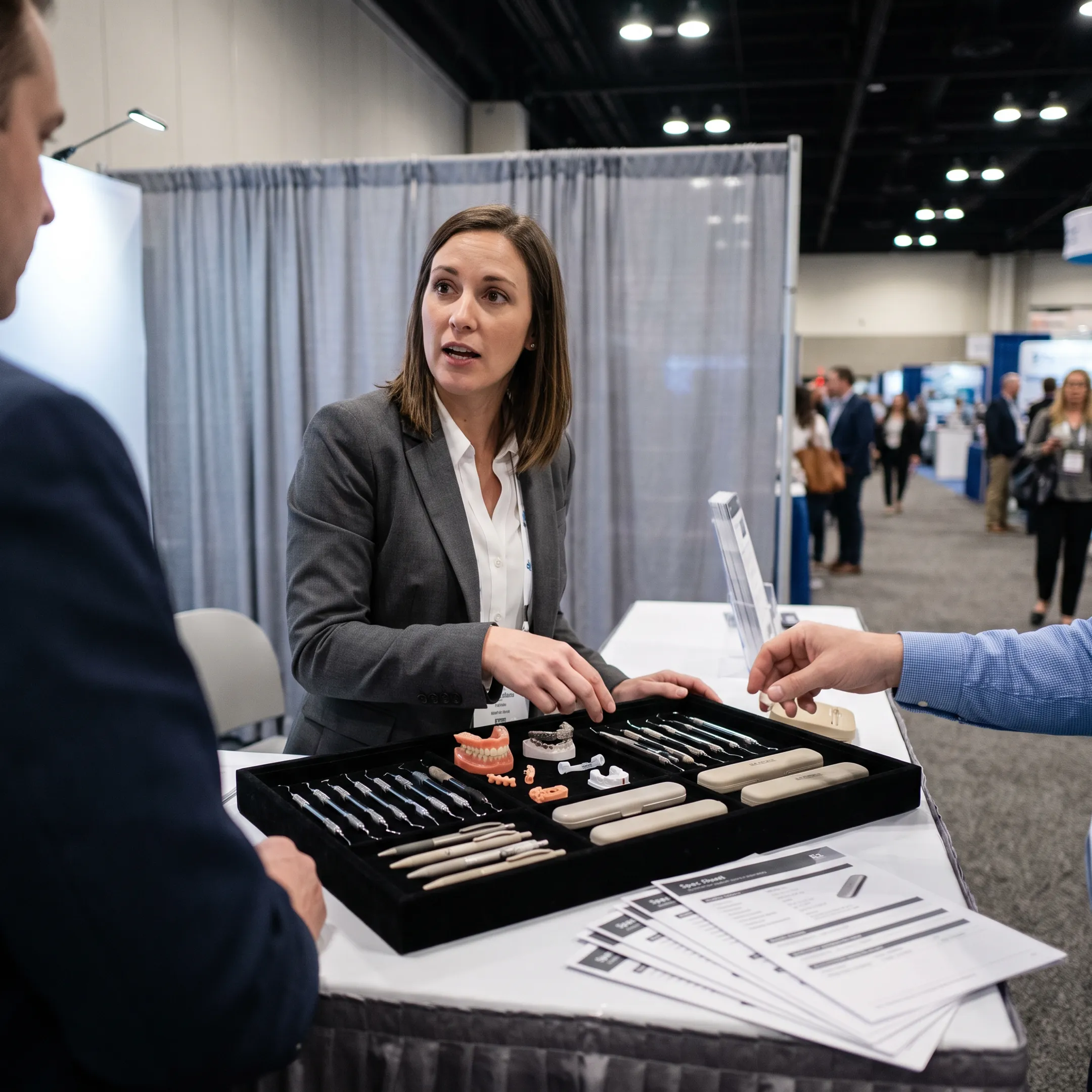 Dental sales representative displaying custom product samples