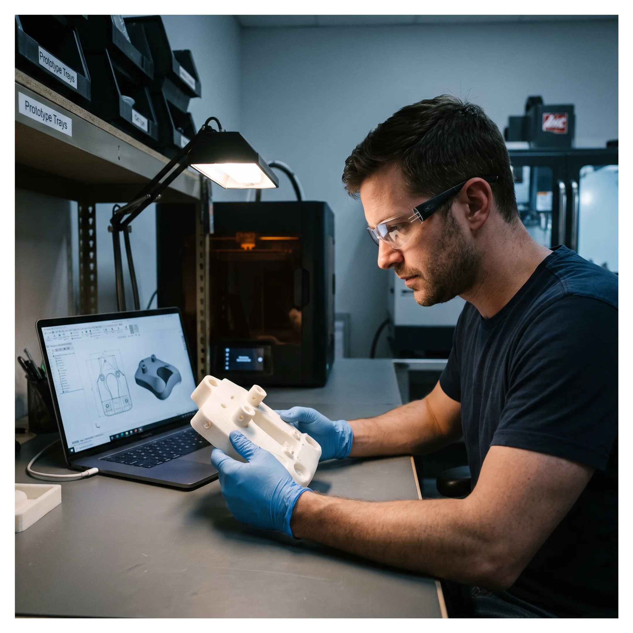 Engineer inspecting a custom 3D printed prototype