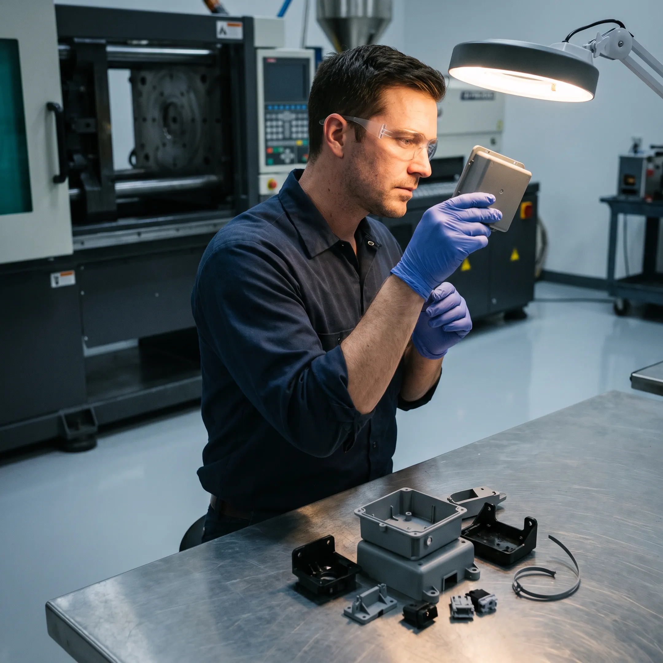 Plastic injection moulding technician inspecting components