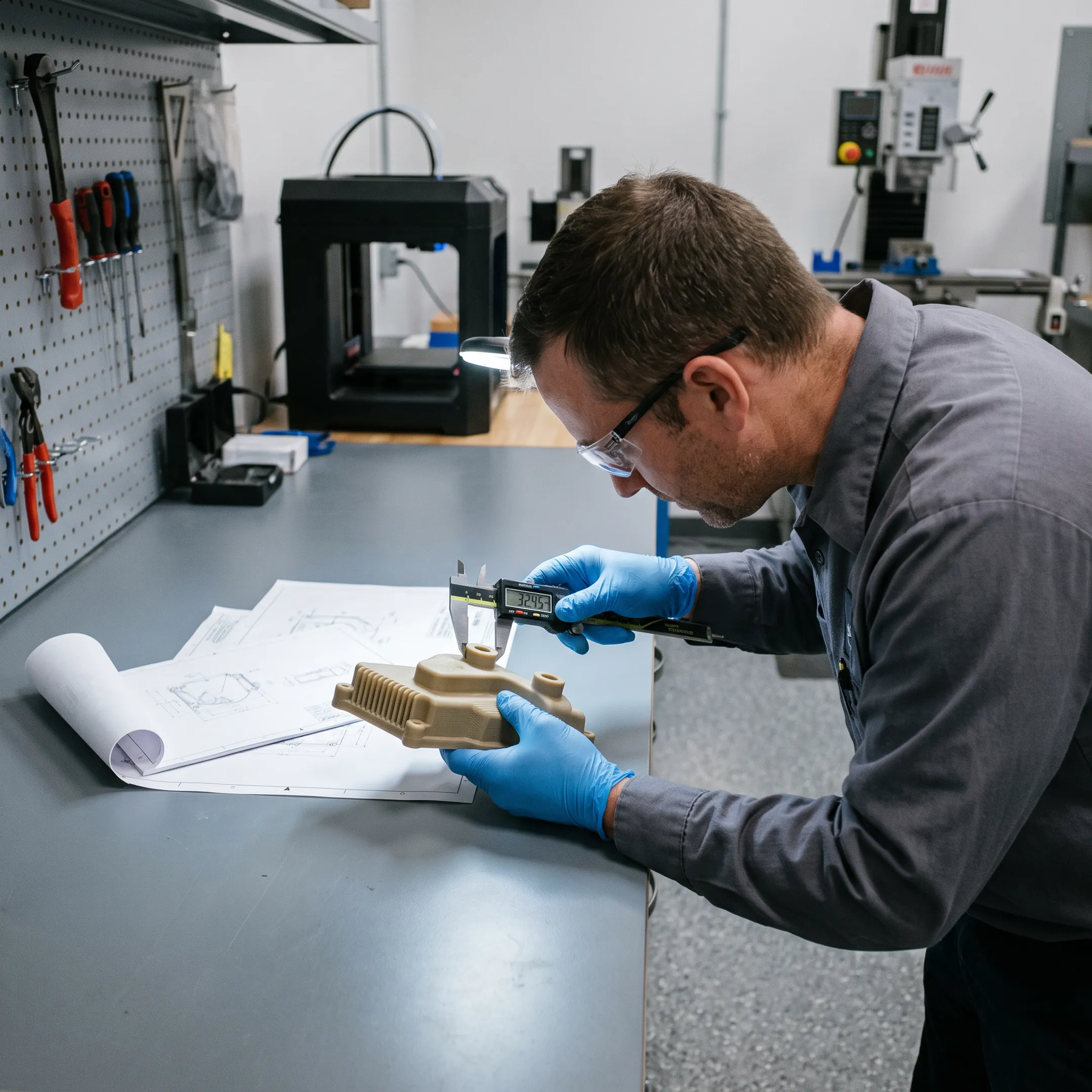 Technician inspecting a molded aerospace prototype component
