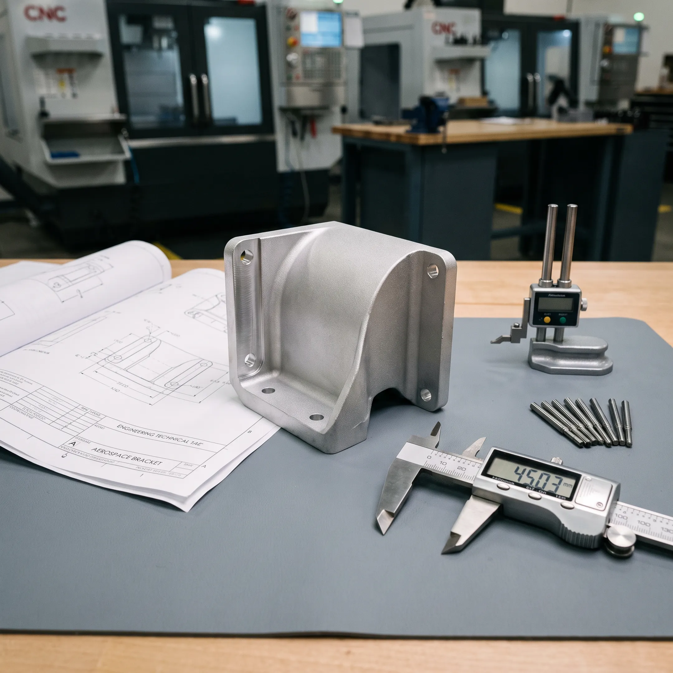 Precision aerospace casting component on an engineering workbench