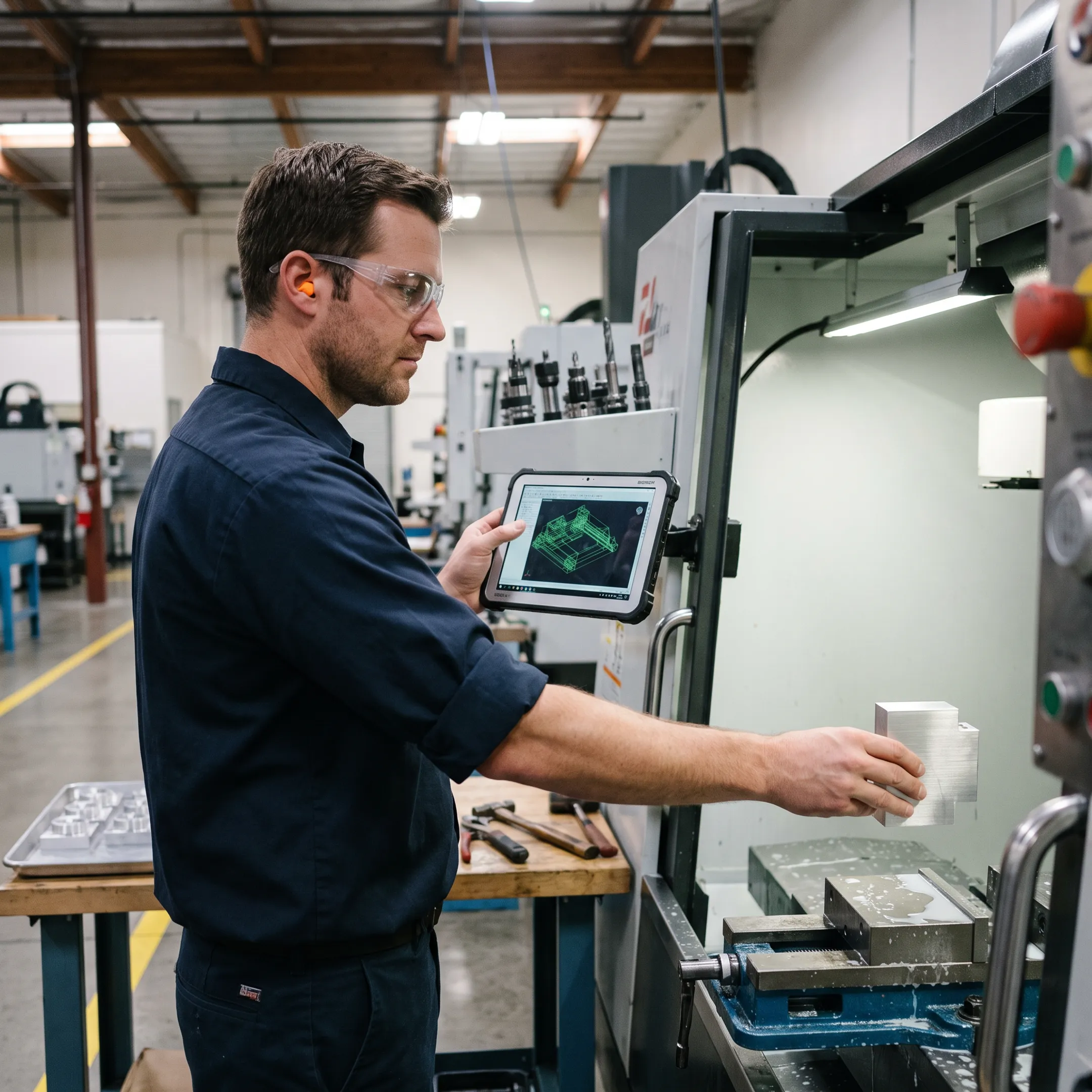 Machinist preparing a CNC machine for an electronic component