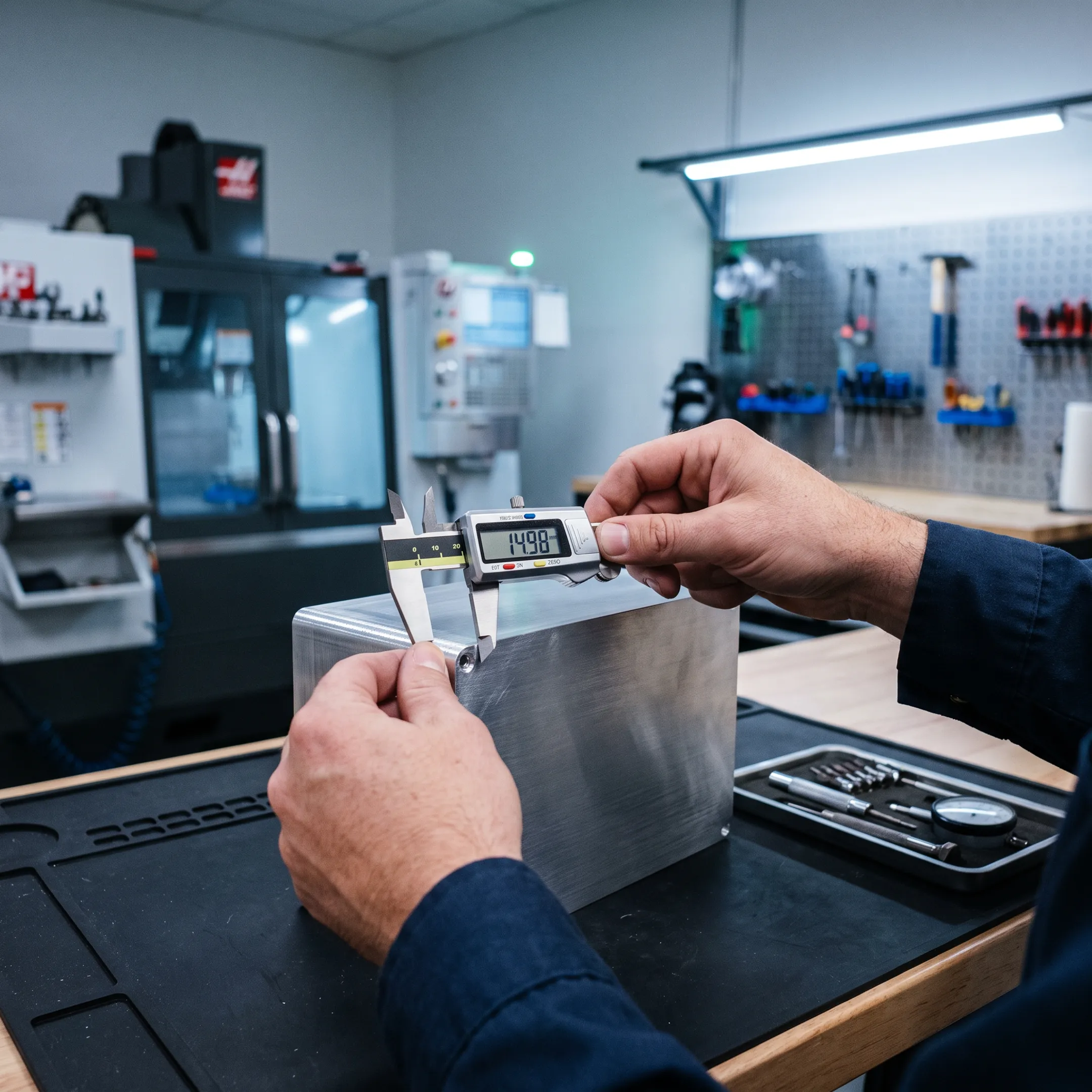 Technician inspecting a precision-machined electronic enclosure
