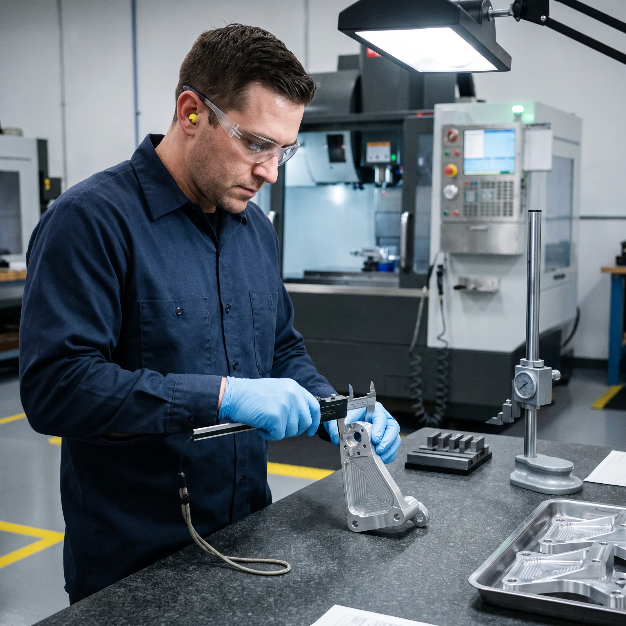 Technician inspecting a precision automotive component
