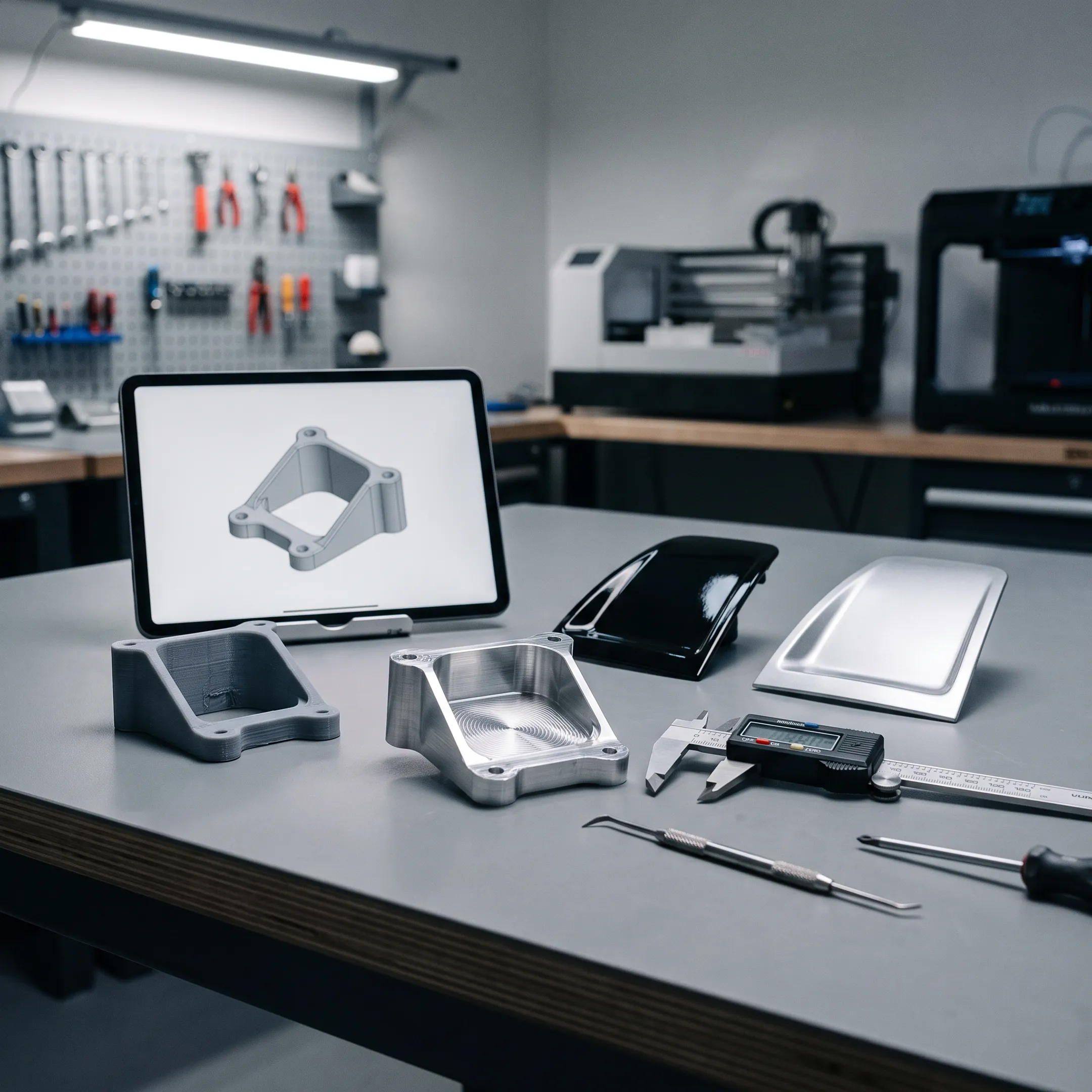 Automotive prototype components on a workbench