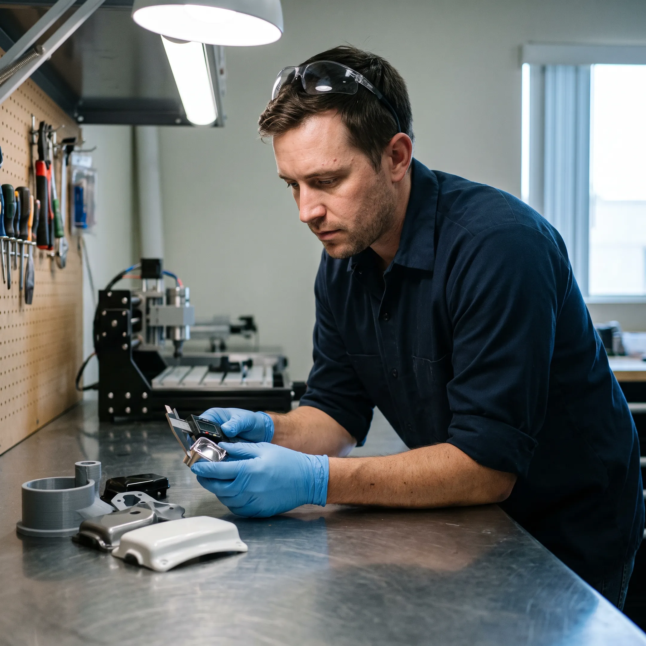 Engineer reviewing finished plastic product parts