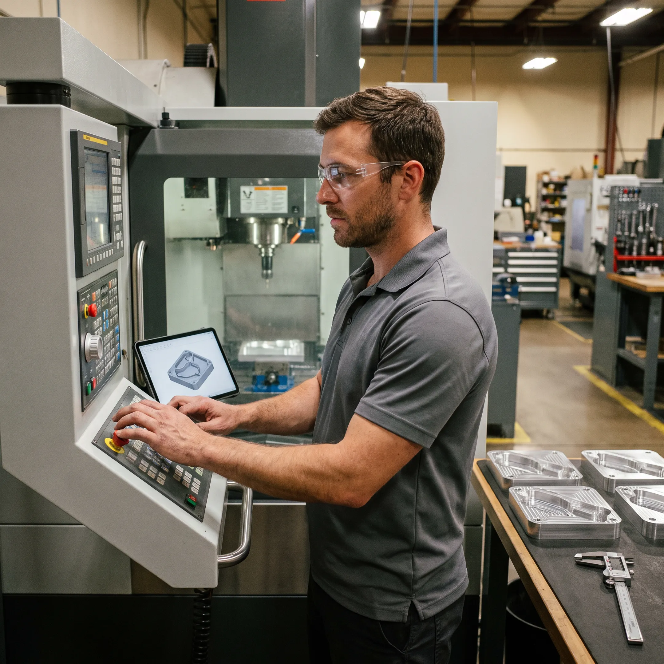 CNC operator programming a precision milling machine