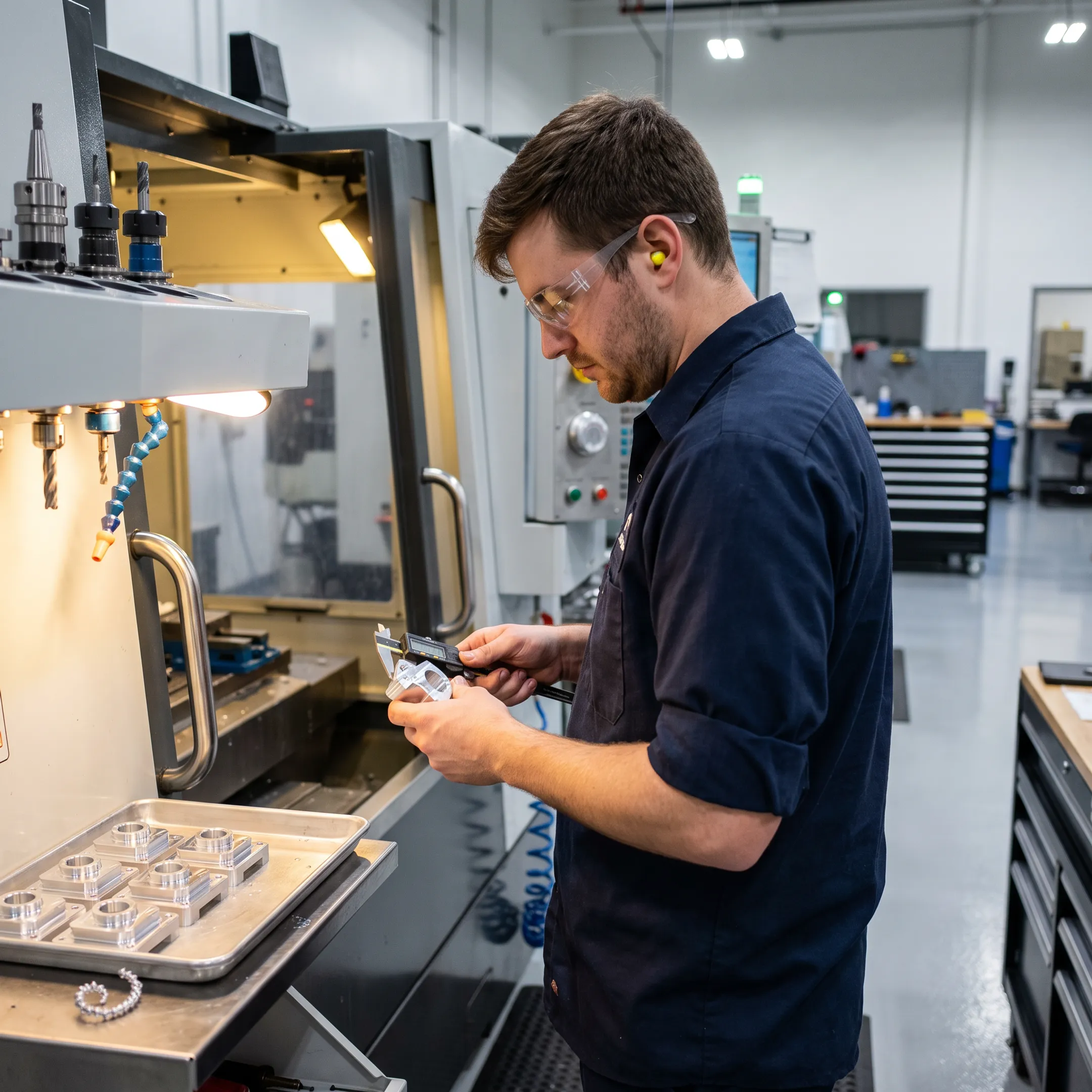 Technician inspecting a precision CNC-machined metal part