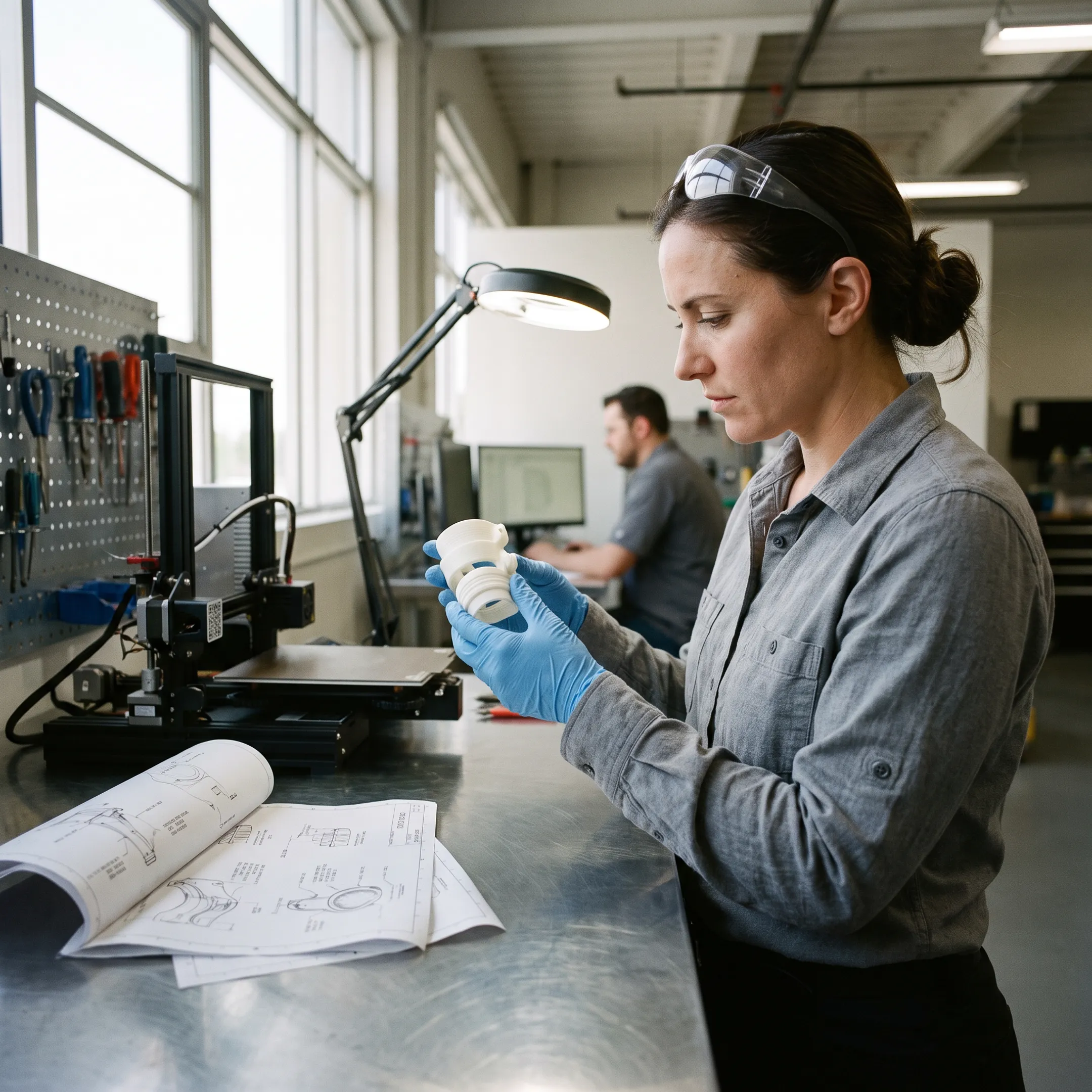 Engineer reviewing a printed medical prototype