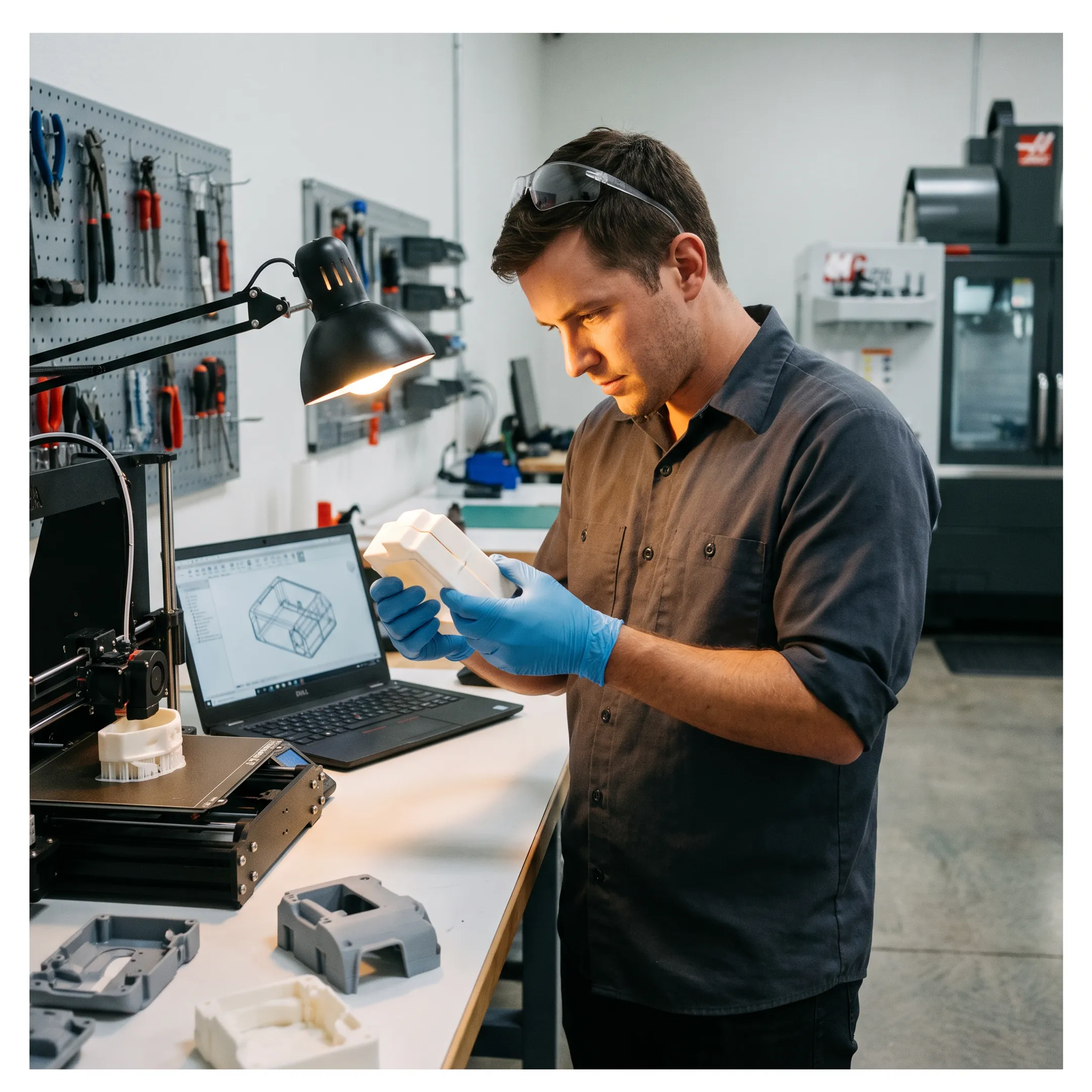 Engineer examining prototype components