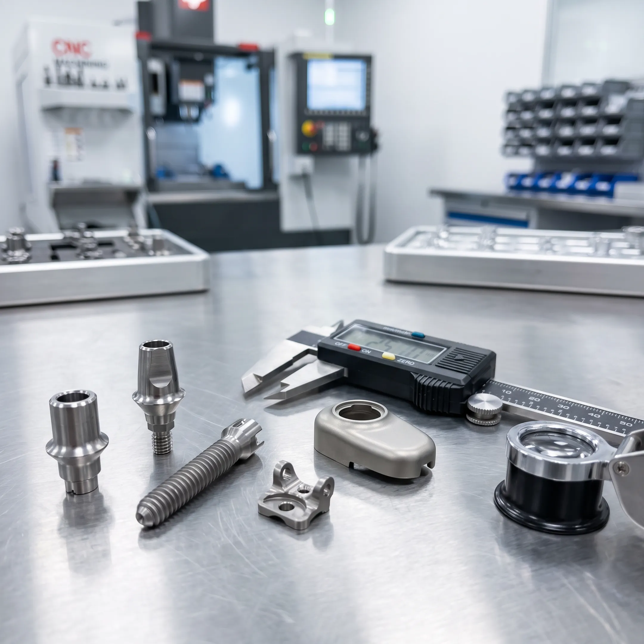 Precision medical device components on a manufacturing workbench