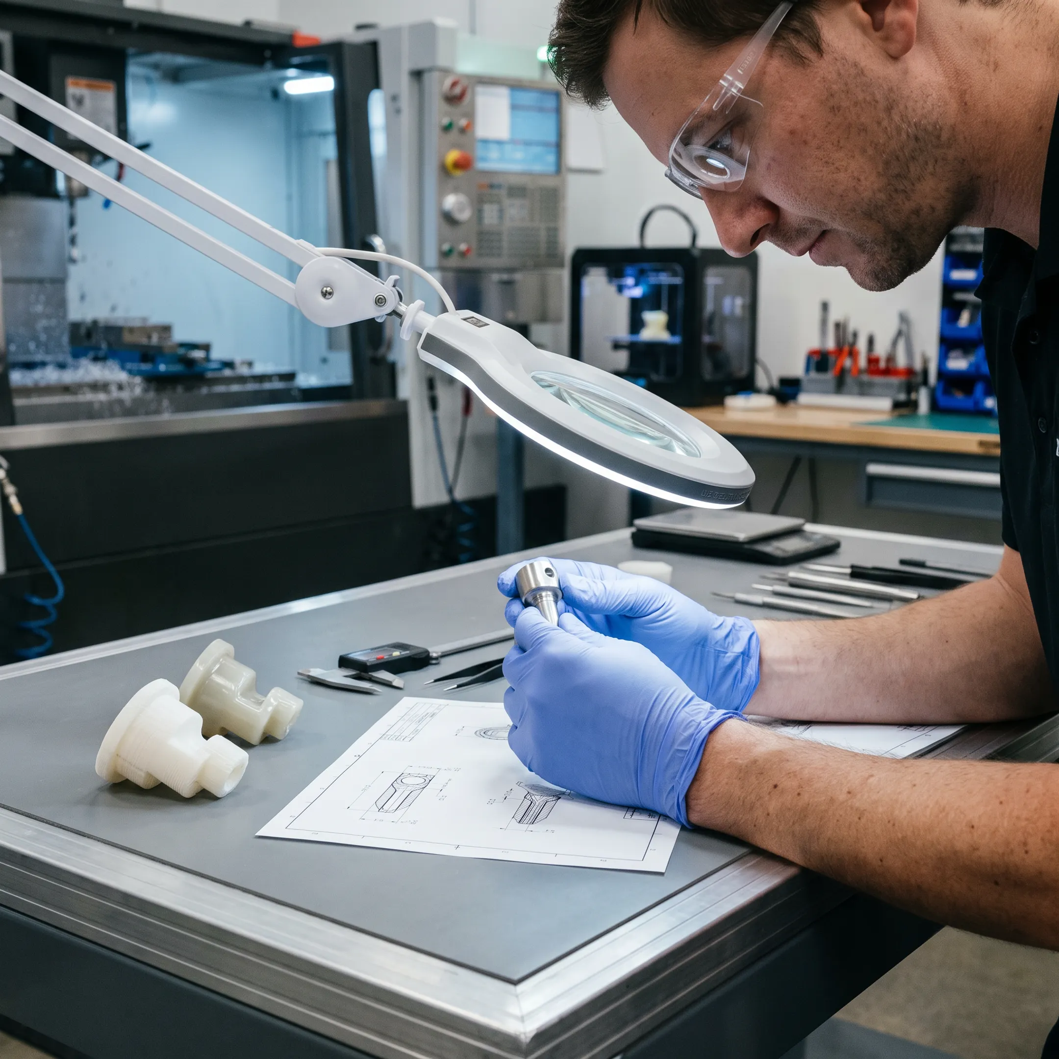 Technician inspecting a finished medical component