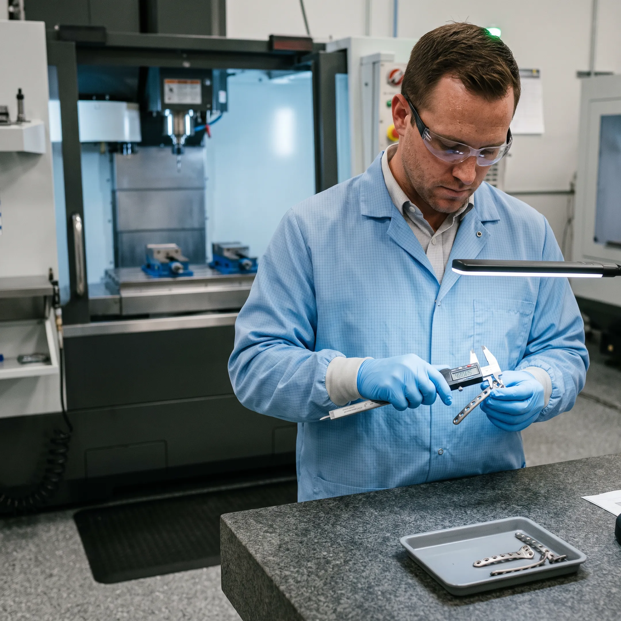 Technician inspecting a precision-machined medical component