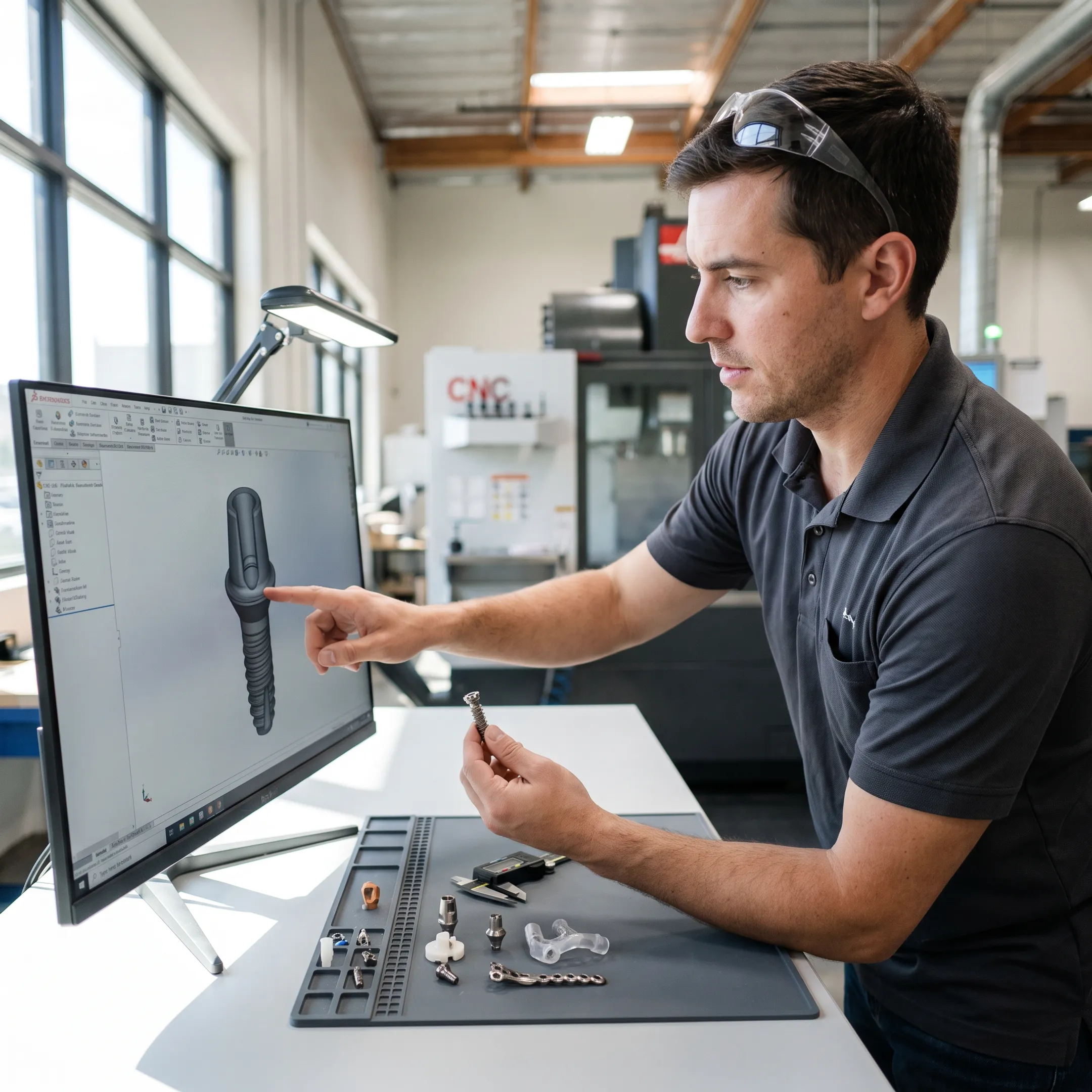 Medical product engineer reviewing machined component