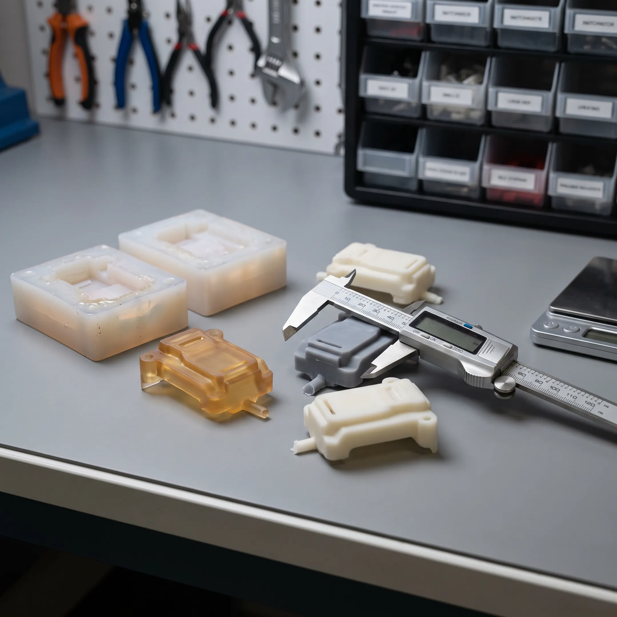 Urethane cast prototype components on a workbench