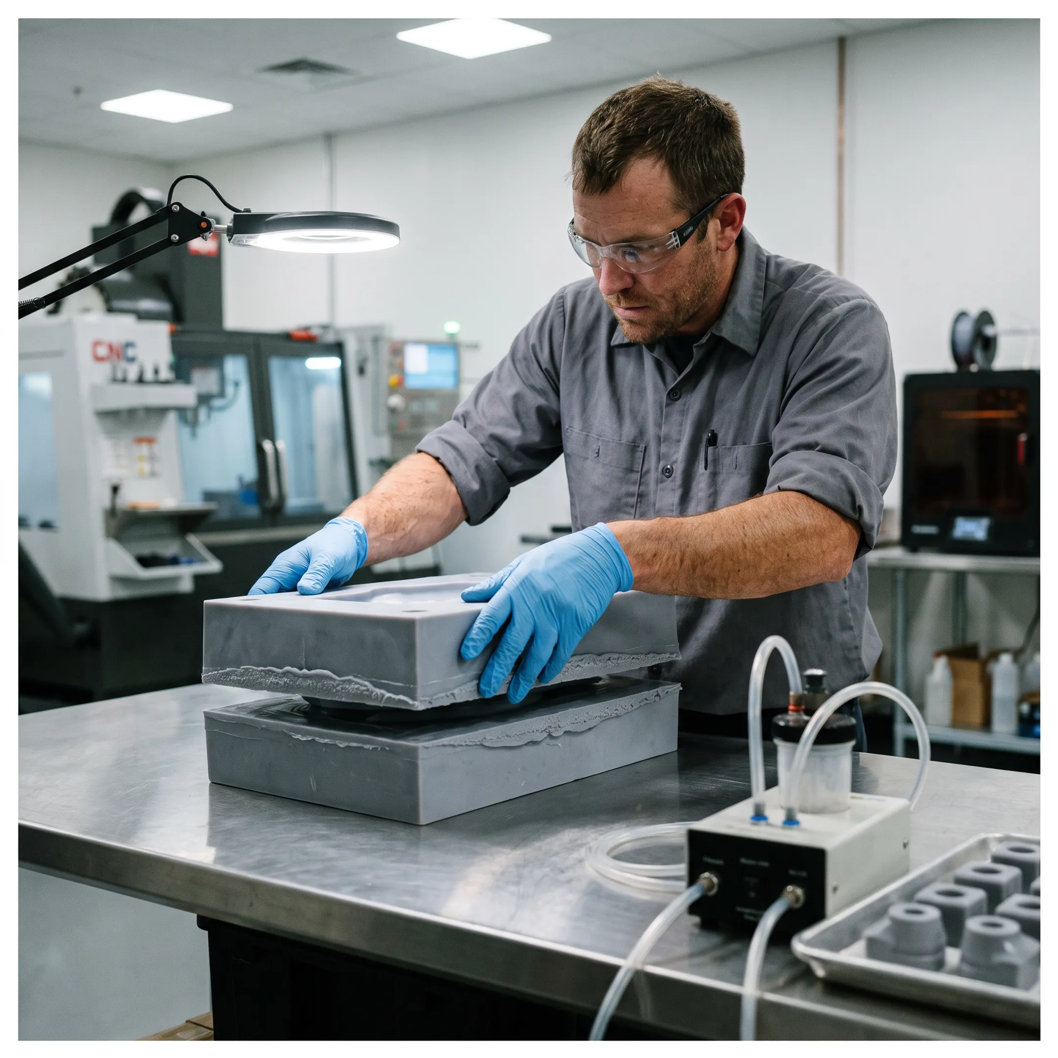 Technician preparing a silicone mold for urethane casting