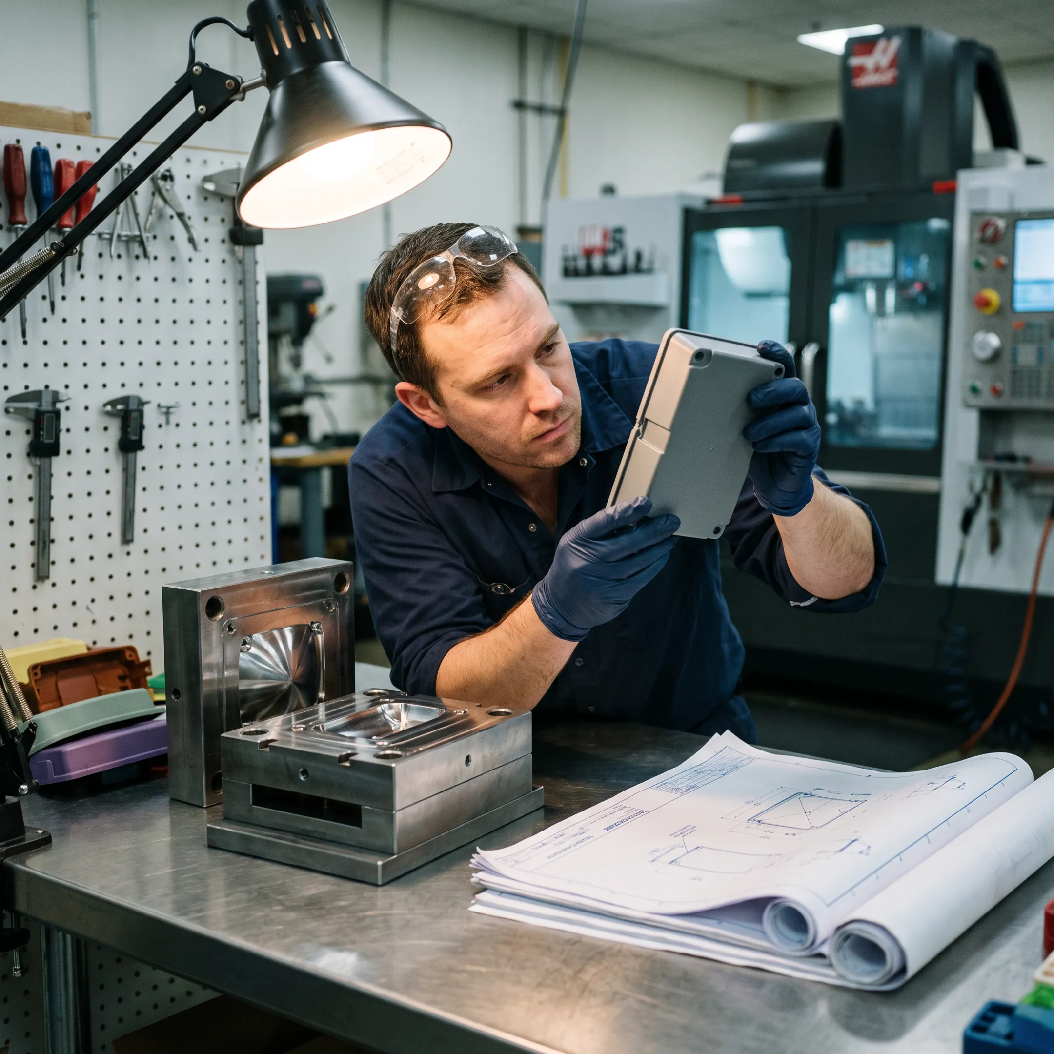Engineer reviewing molded plastic part and tooling