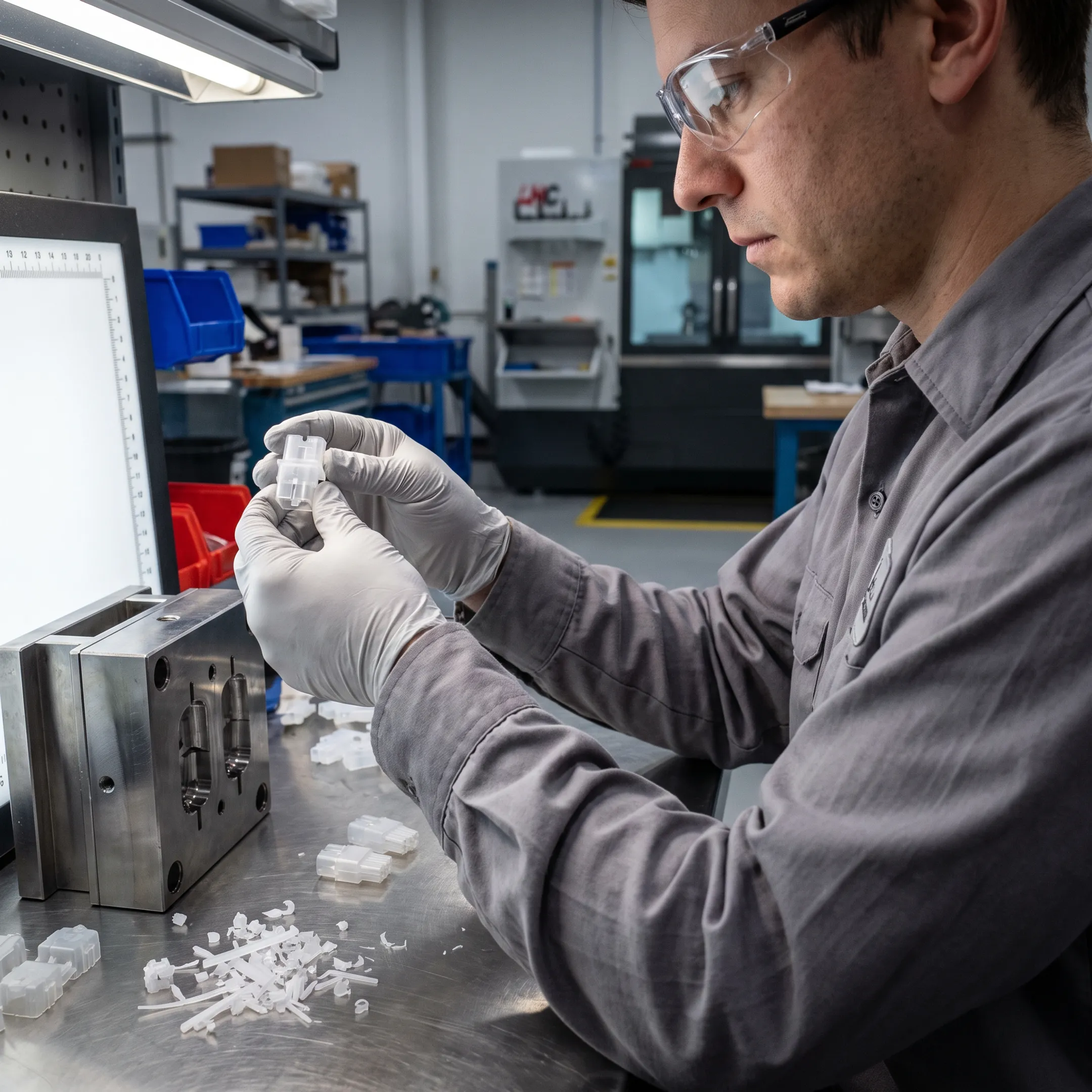 Injection-molded plastic components on a manufacturing workbench