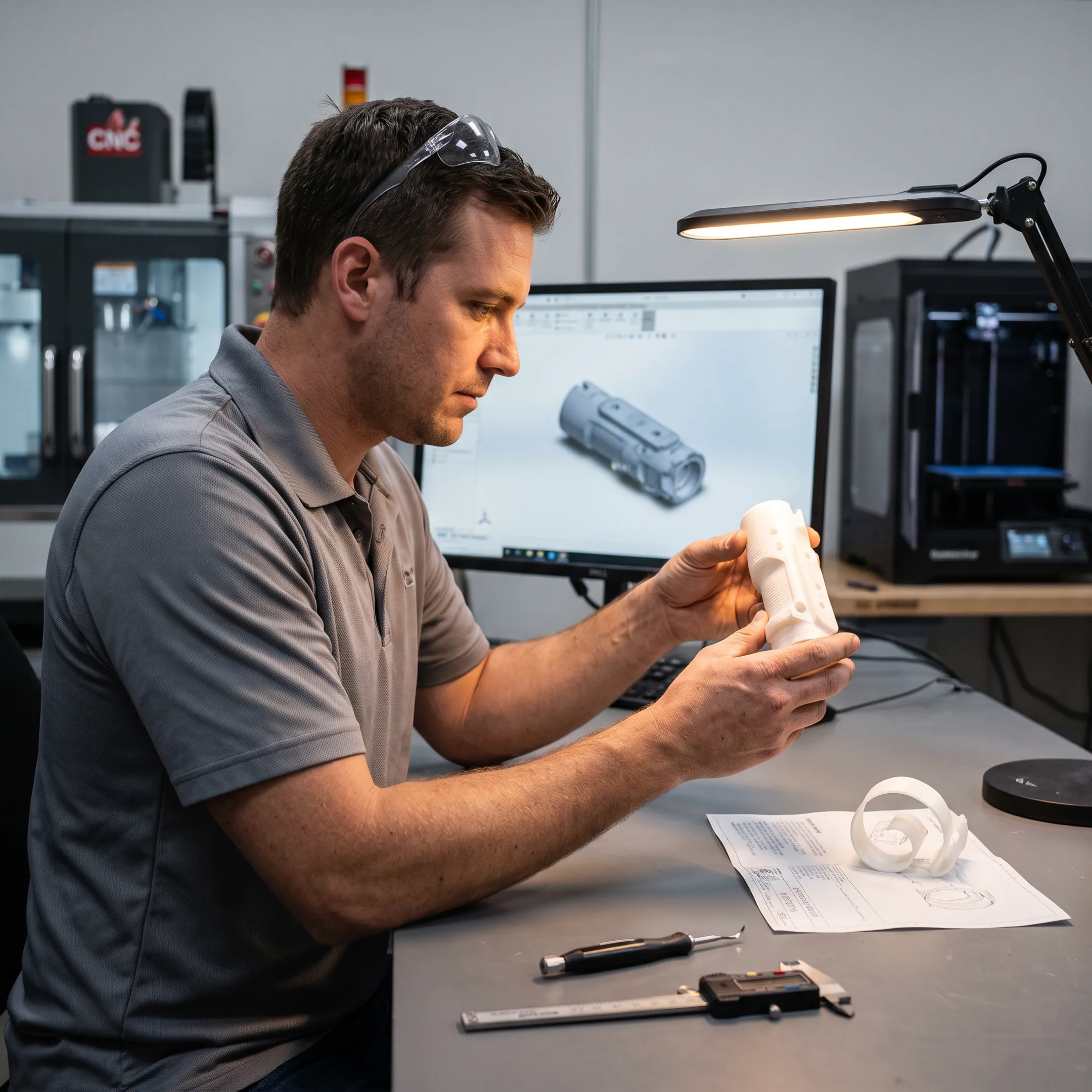 Engineer reviewing a detailed 3D printed prototype