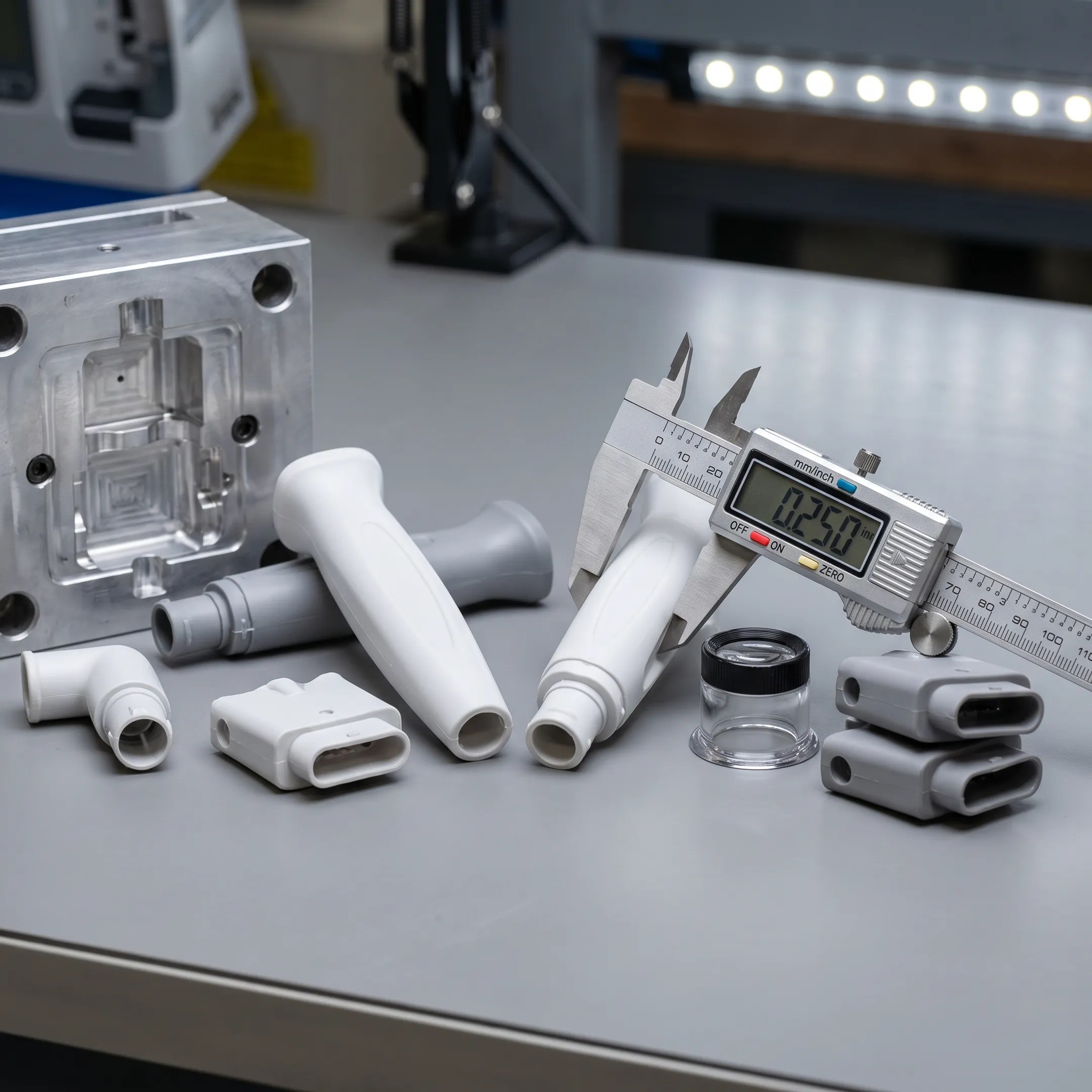 Plastic injection molded components on a manufacturing workbench