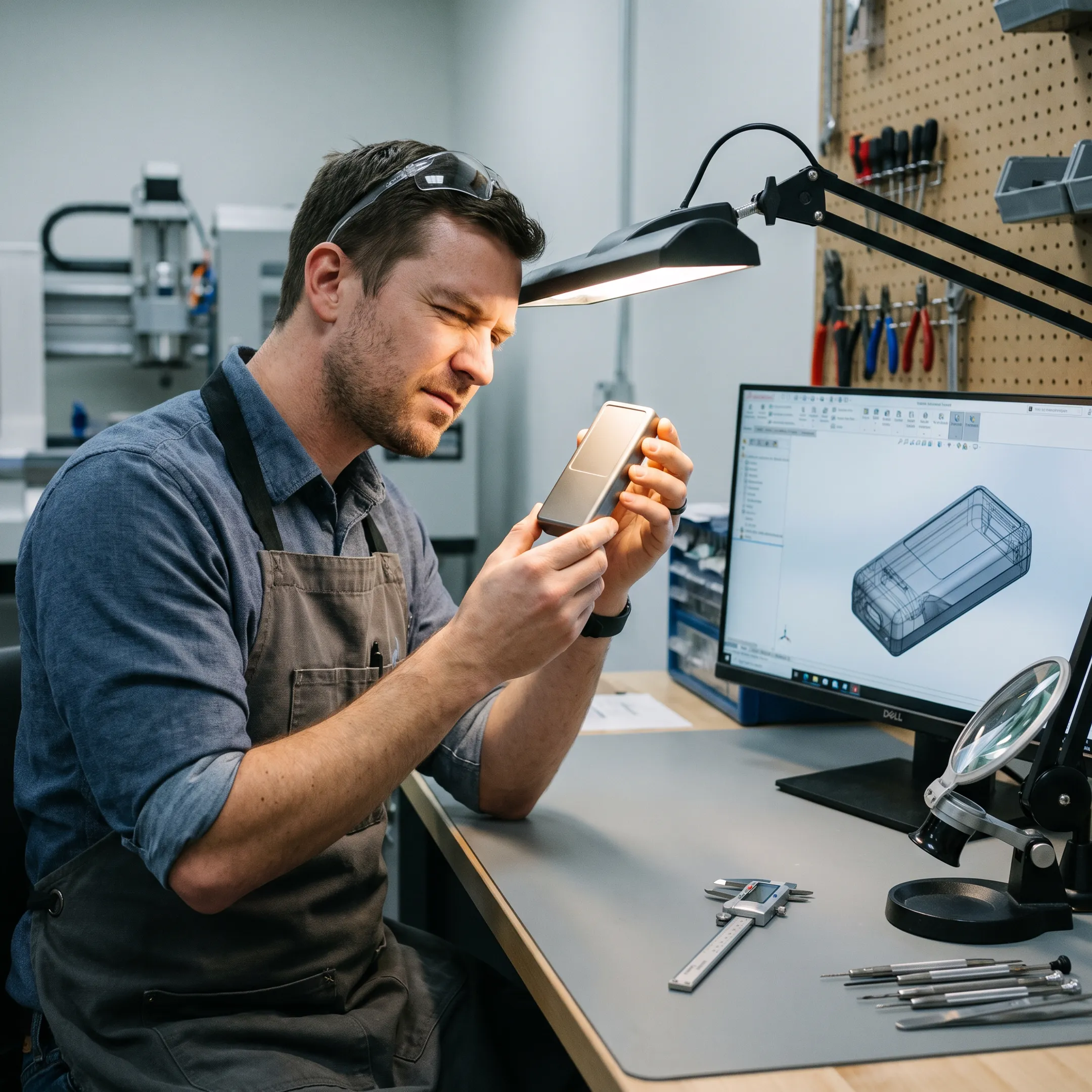Engineer inspecting finished plastic prototype