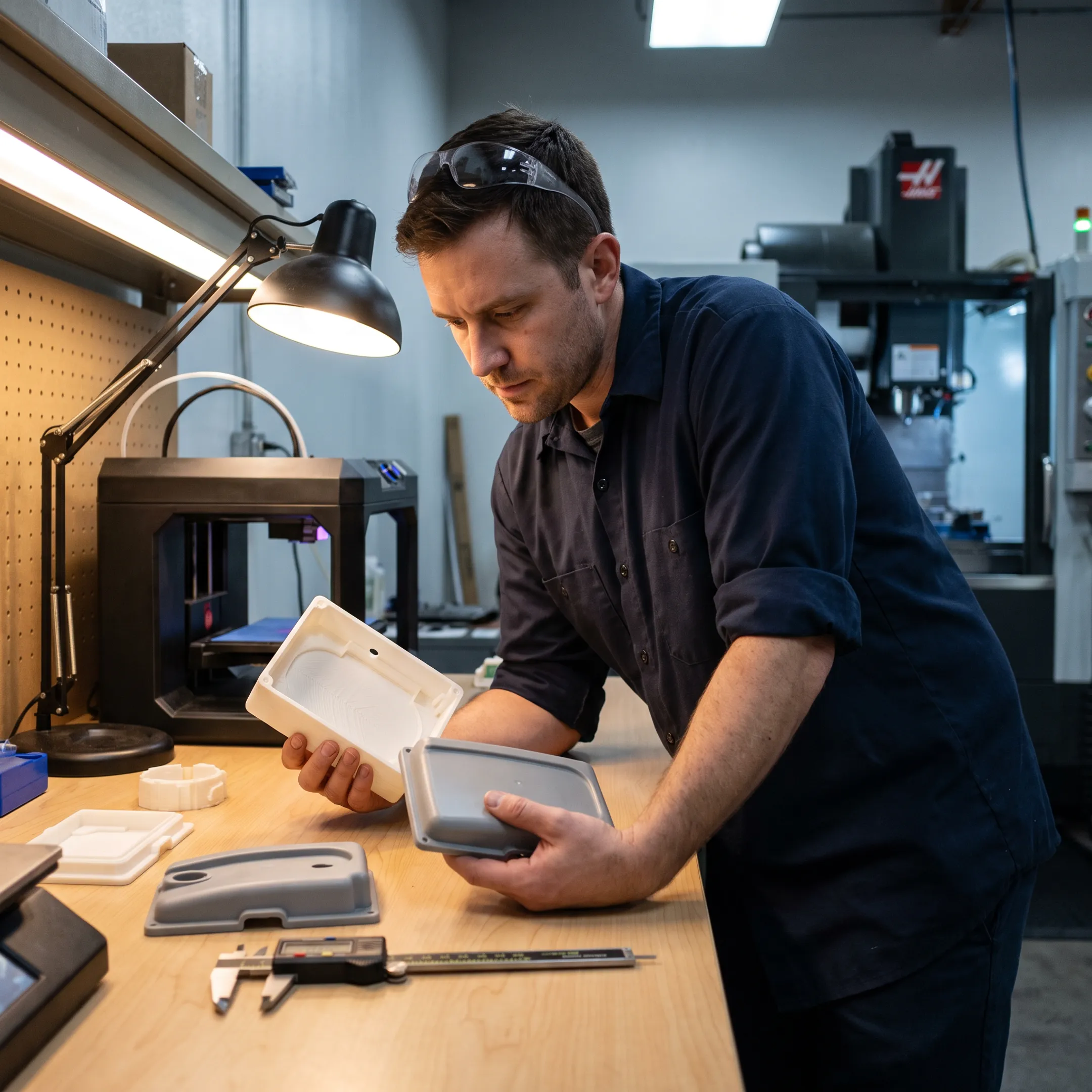 Engineer reviewing polymer prototype and molded parts