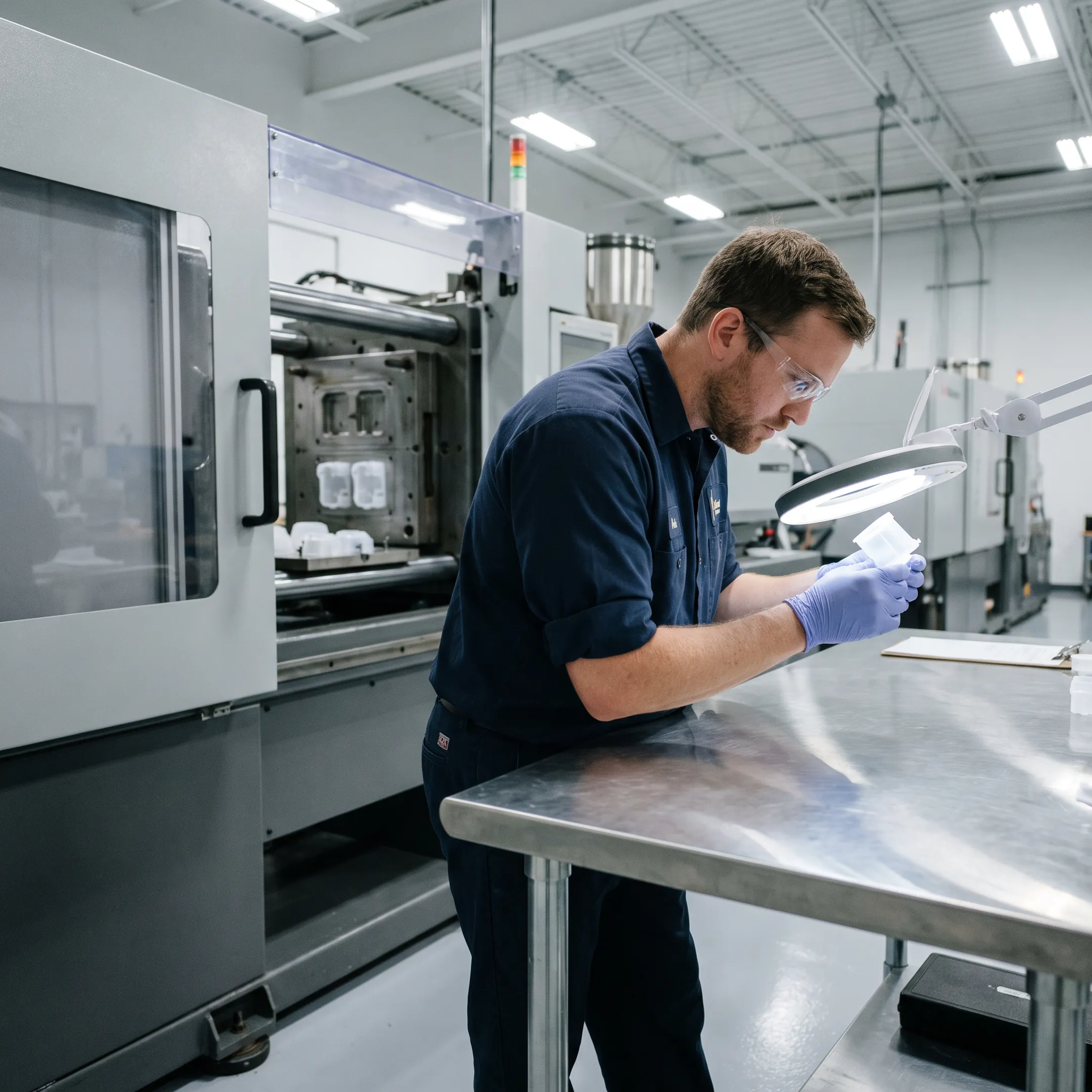 Technician inspecting molded polymer components