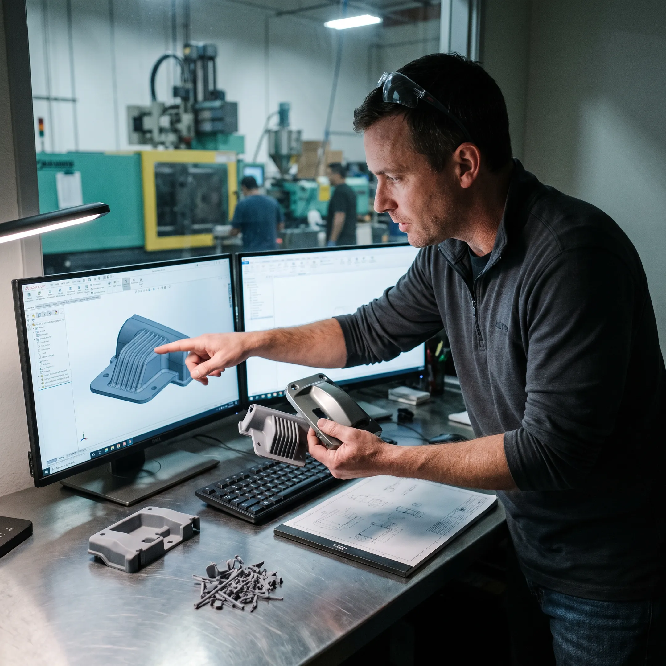 Engineer reviewing a plastic part design