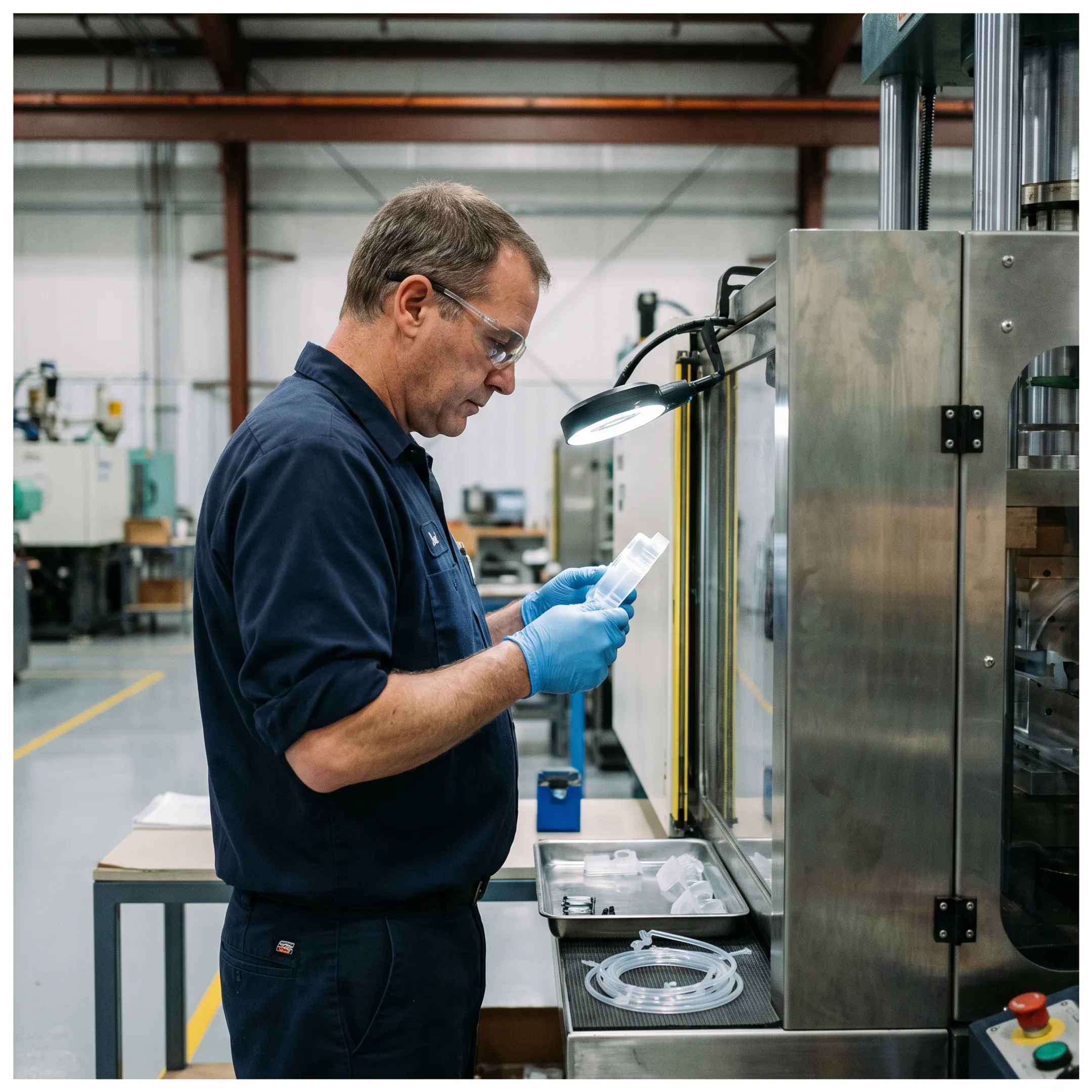 Technician inspecting molded plastic components