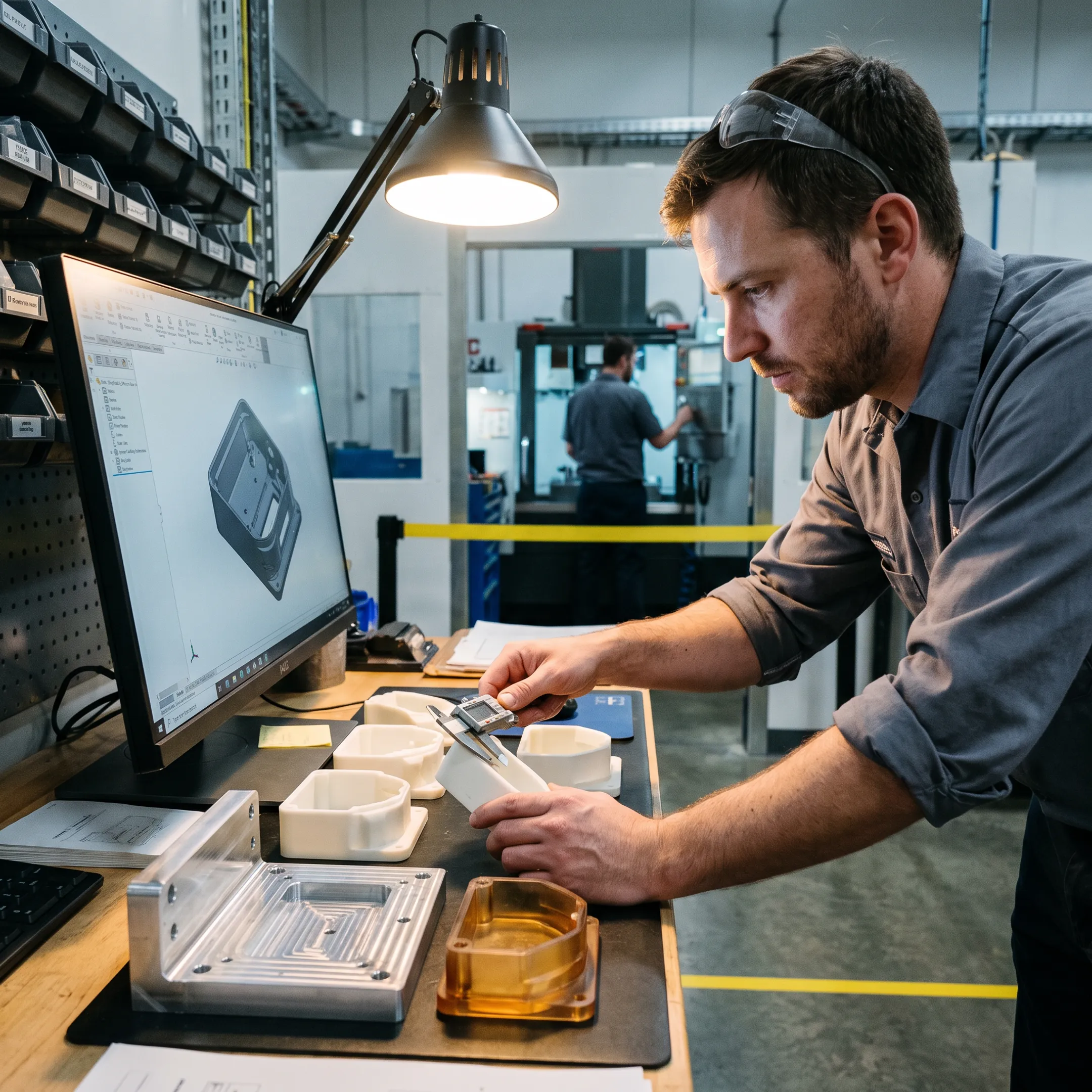 Engineer reviewing a prototype and CAD model