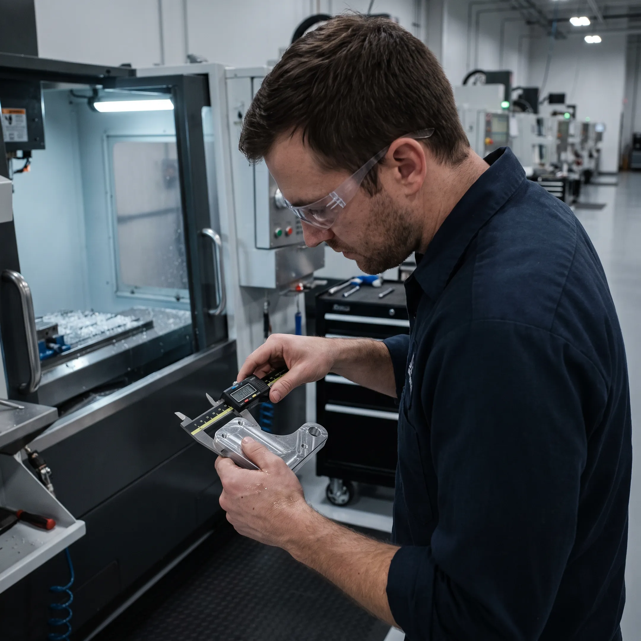 Engineer inspecting a freshly machined automotive prototype
