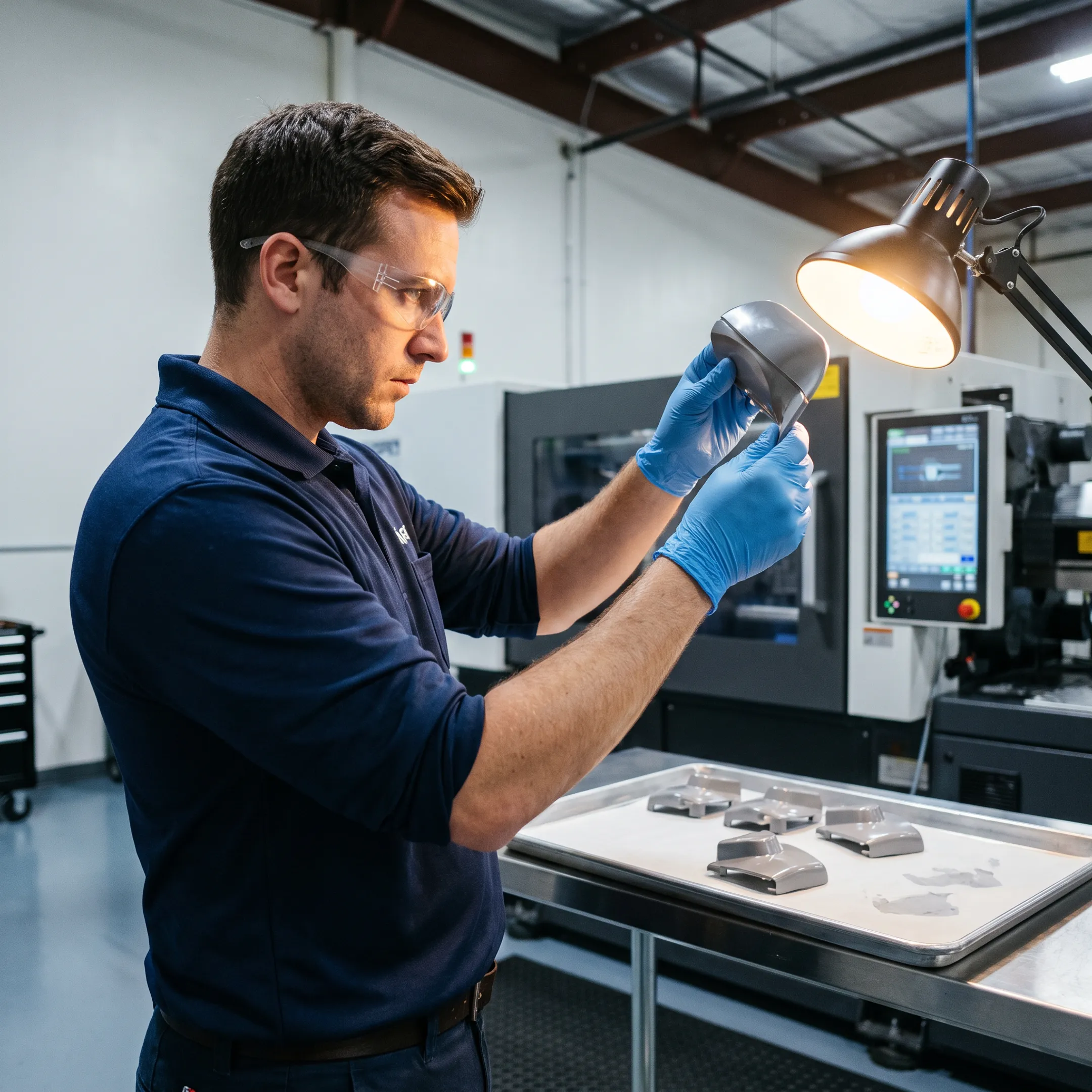 Technician inspecting custom molded plastic components
