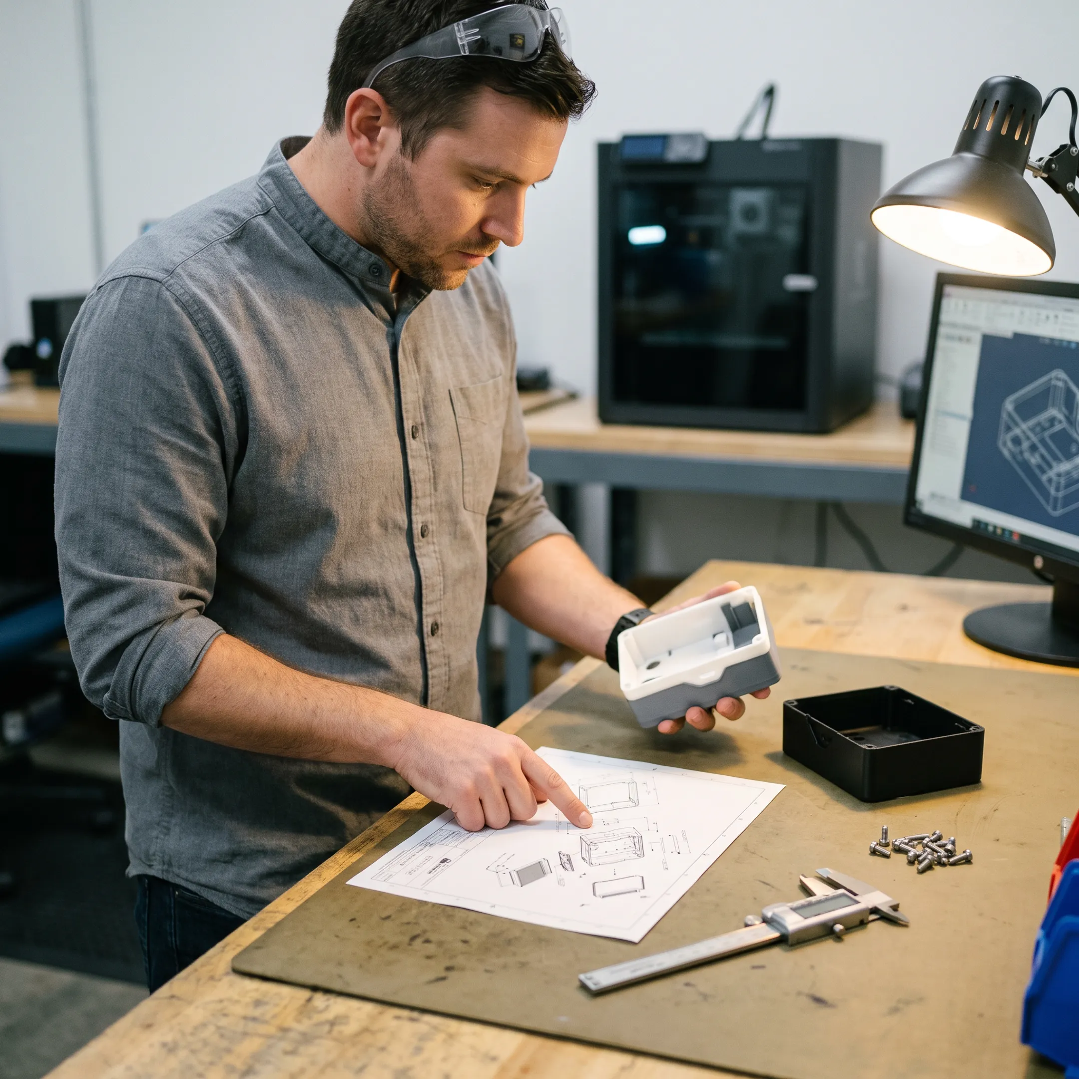 Engineer reviewing molded part prototypes