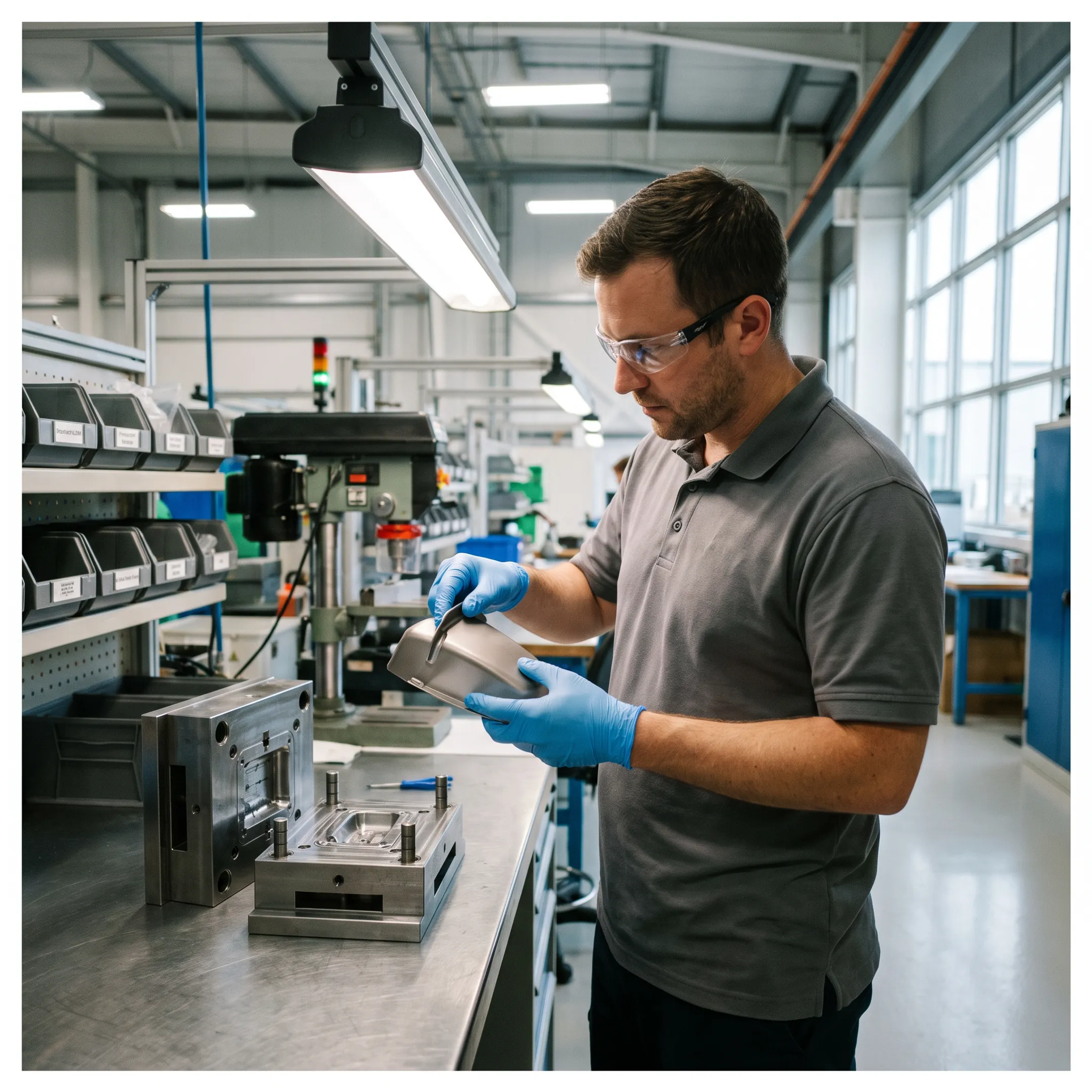 Engineer reviewing a plastic part and injection mold