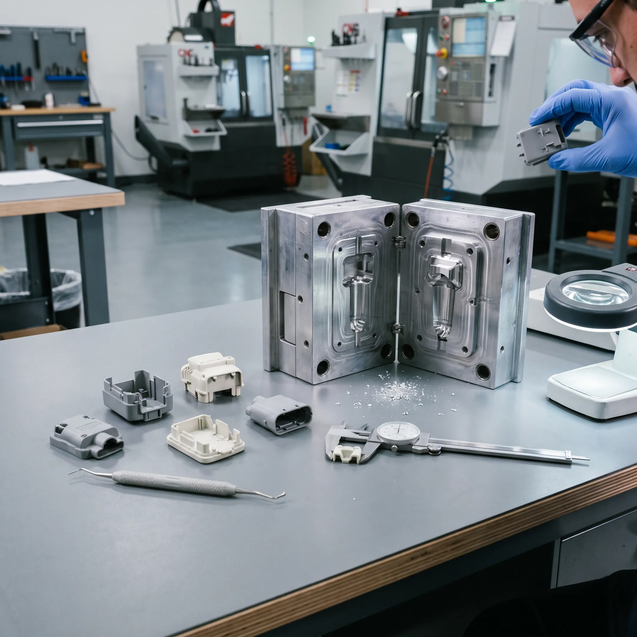 Custom plastic injection molded components on a production table