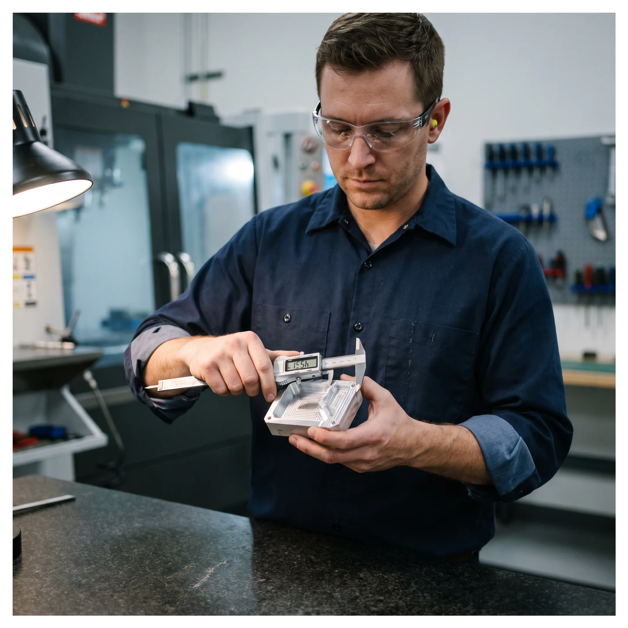 Technician inspecting a precision-manufactured component