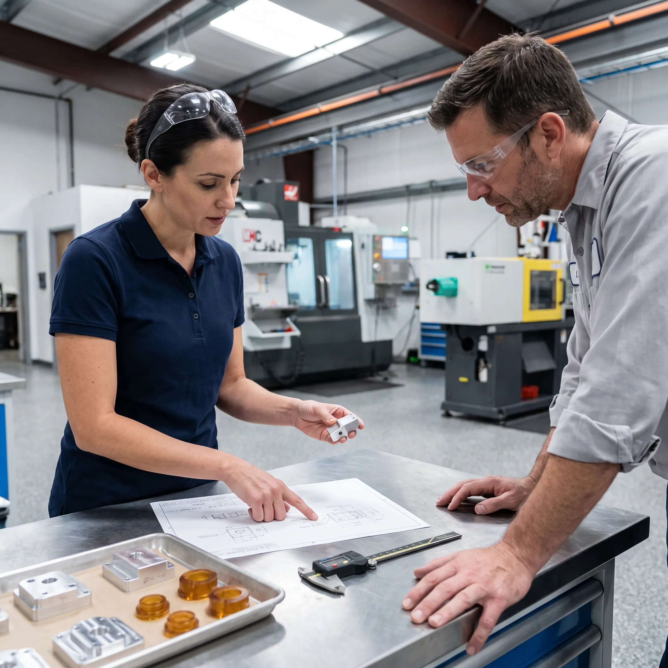 Product development team reviewing prototype parts