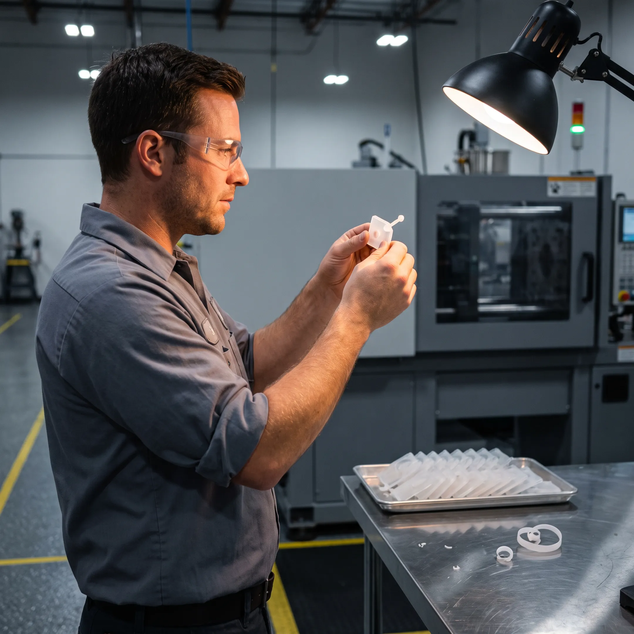 Technician inspecting molded plastic components