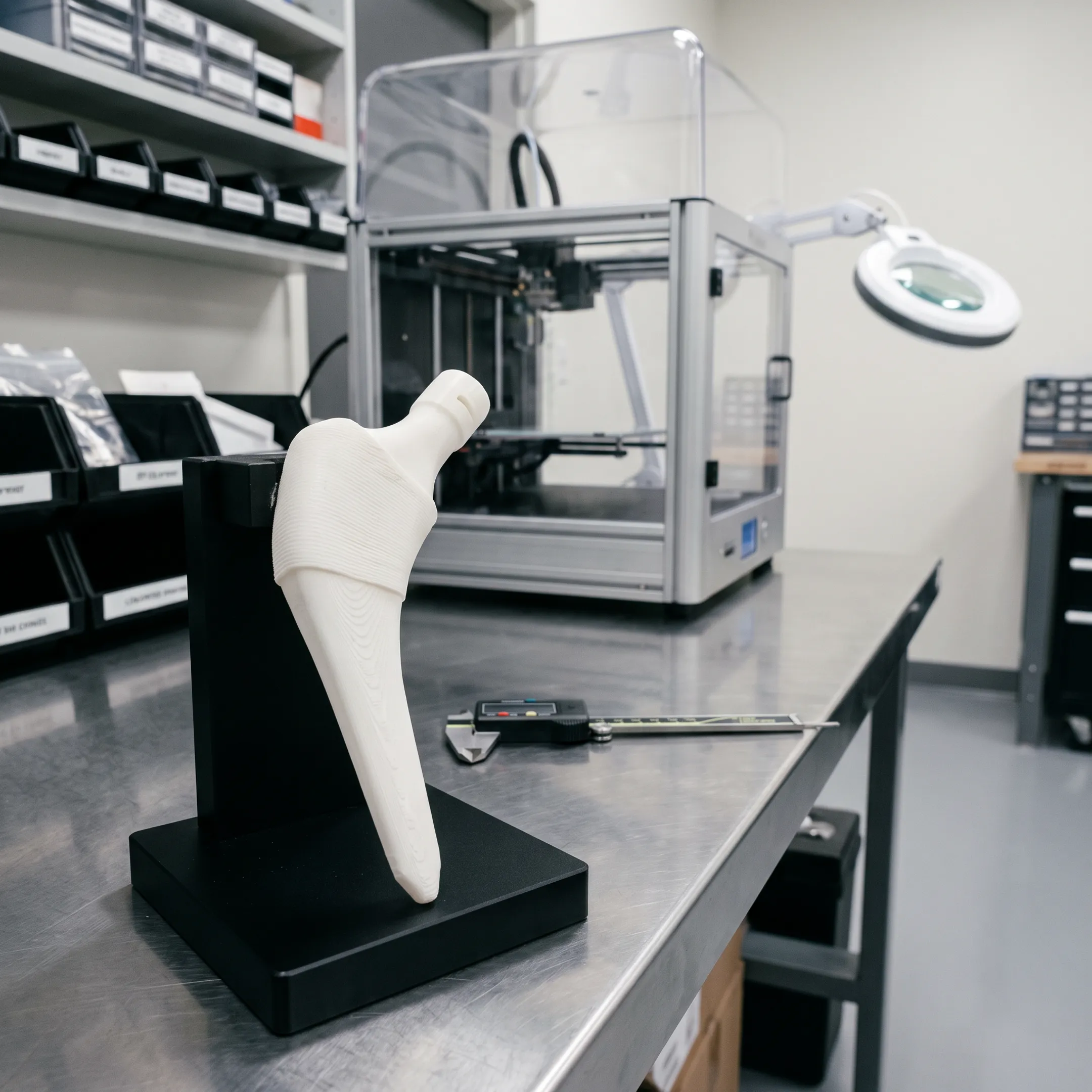 3D printed orthopedic prosthetic component on a workbench