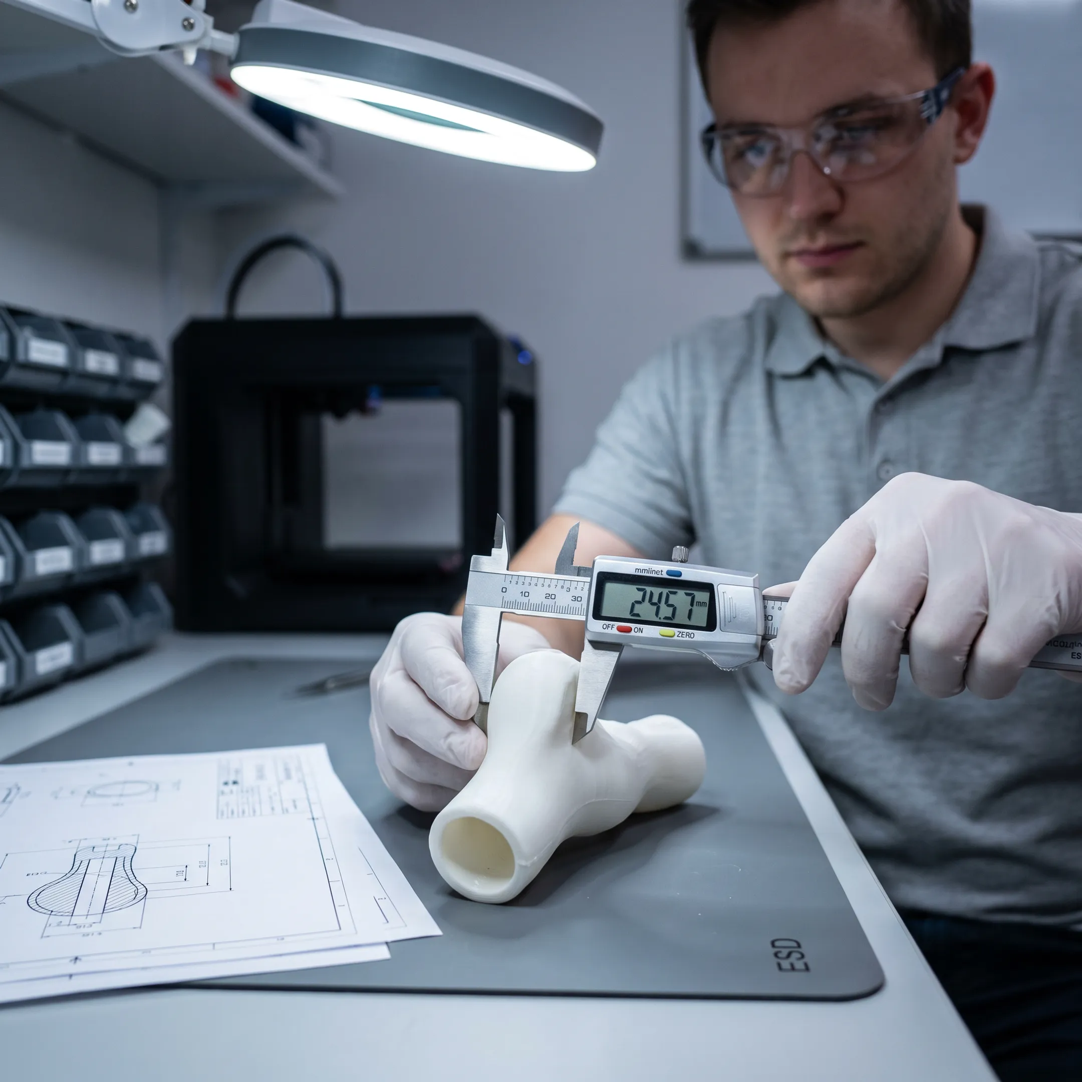 Technician inspecting a 3D printed orthopedic device prototype