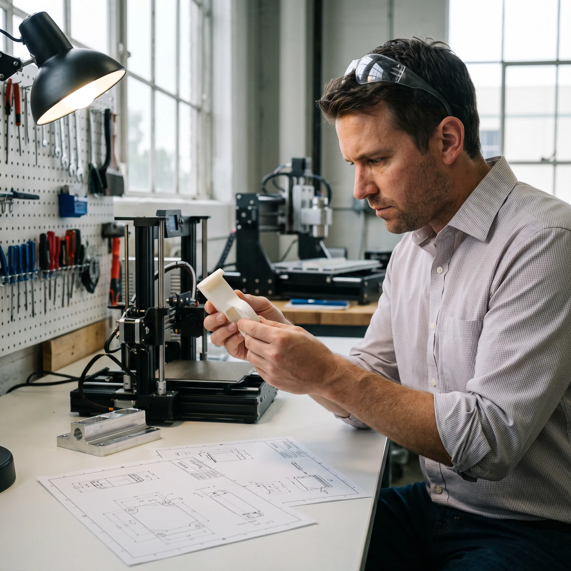 Engineer reviewing a manufactured 3D prototype part