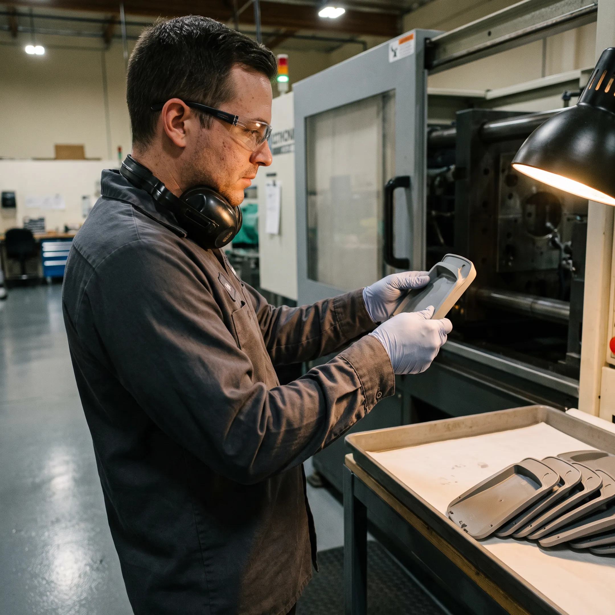 Technician inspecting molded plastic components