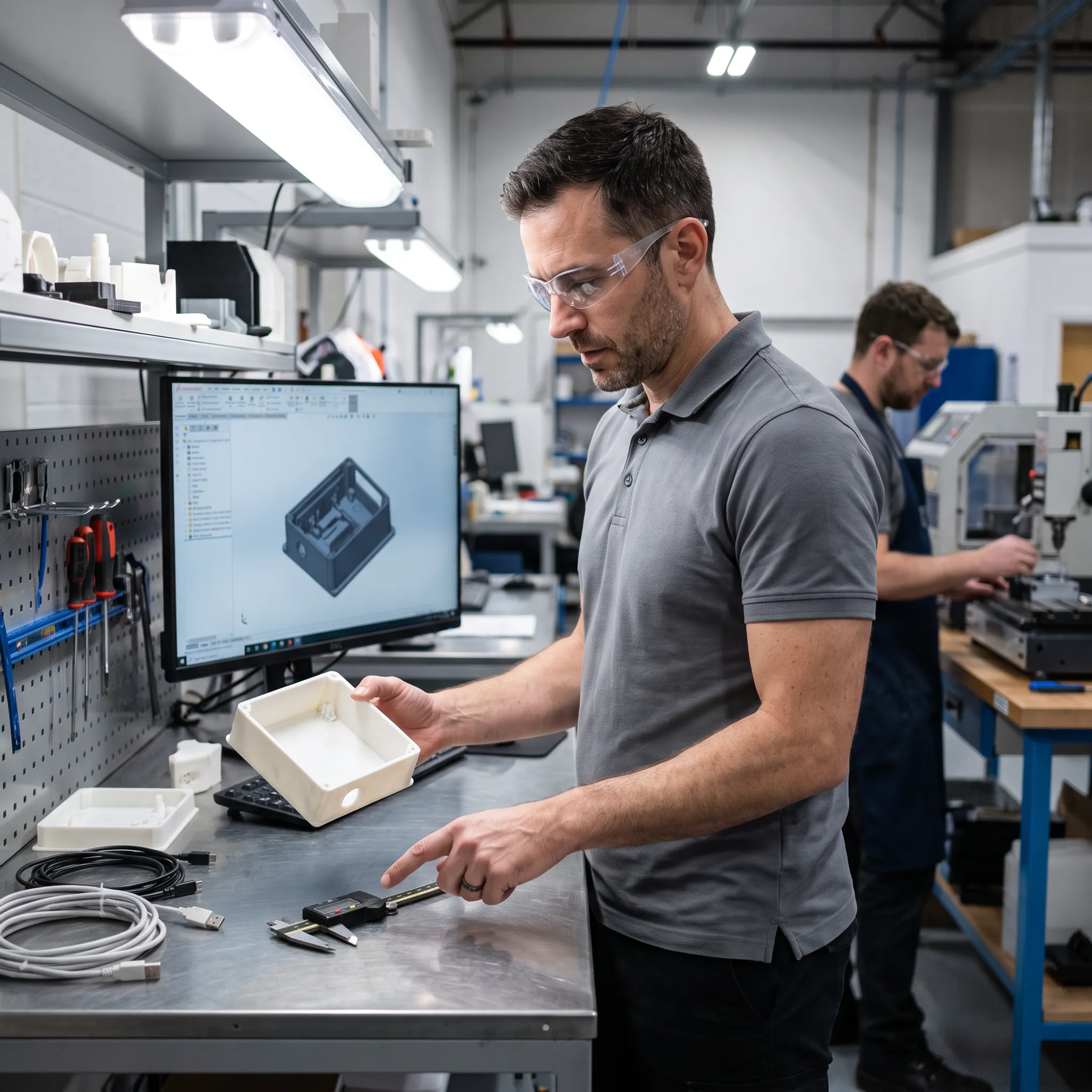 Engineer reviewing plastic part prototype