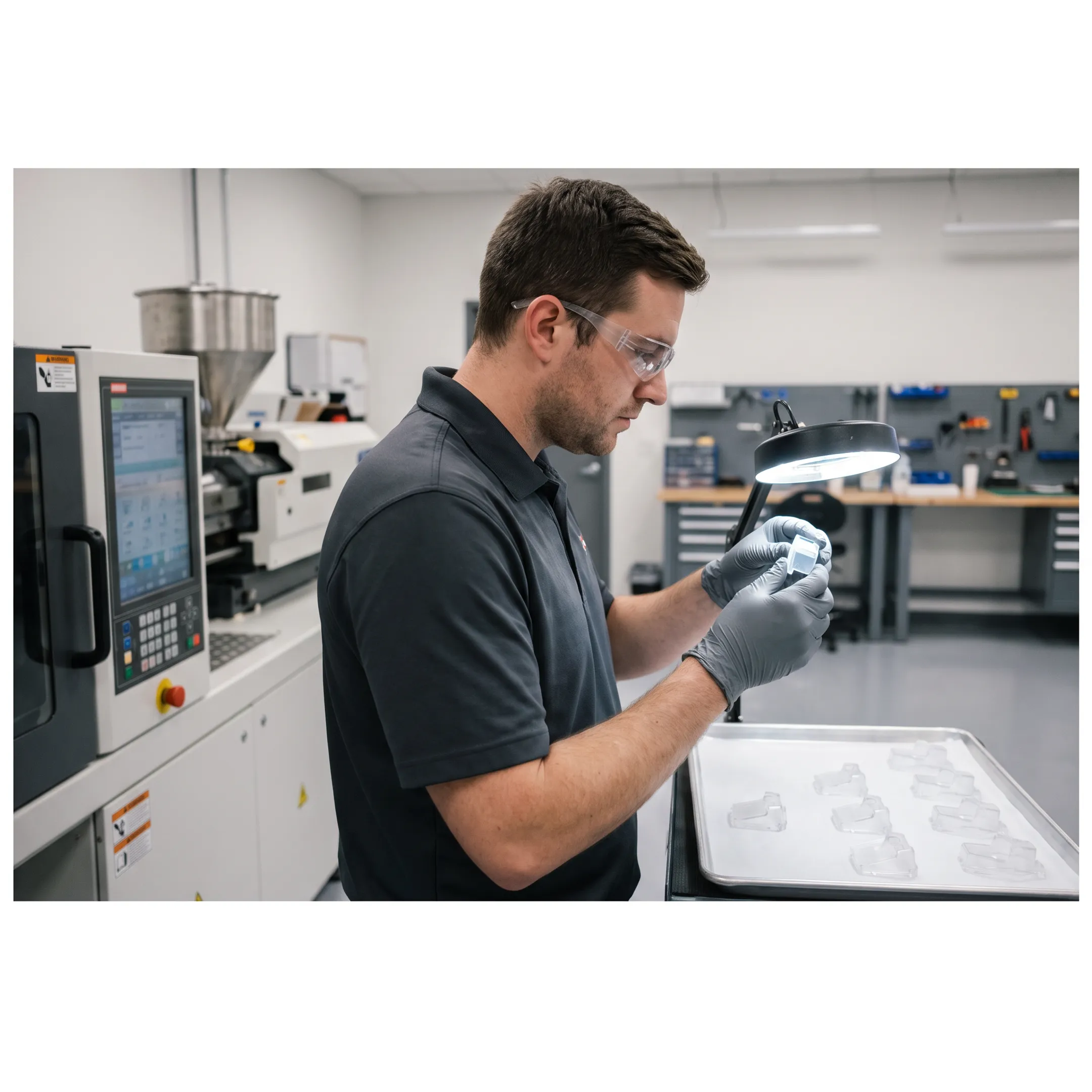 Technician inspecting custom molded plastic components
