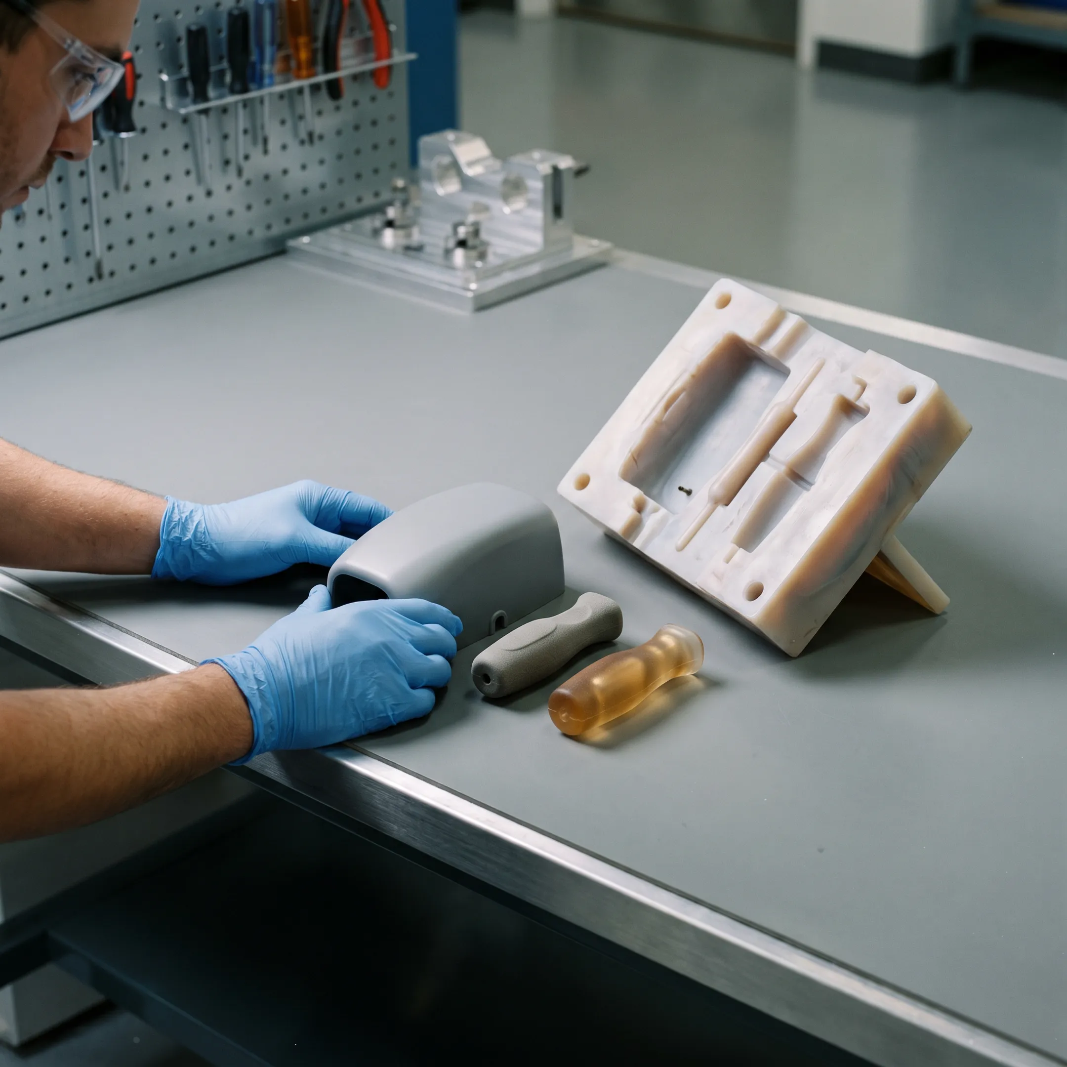 Custom molded prototype parts on a workbench