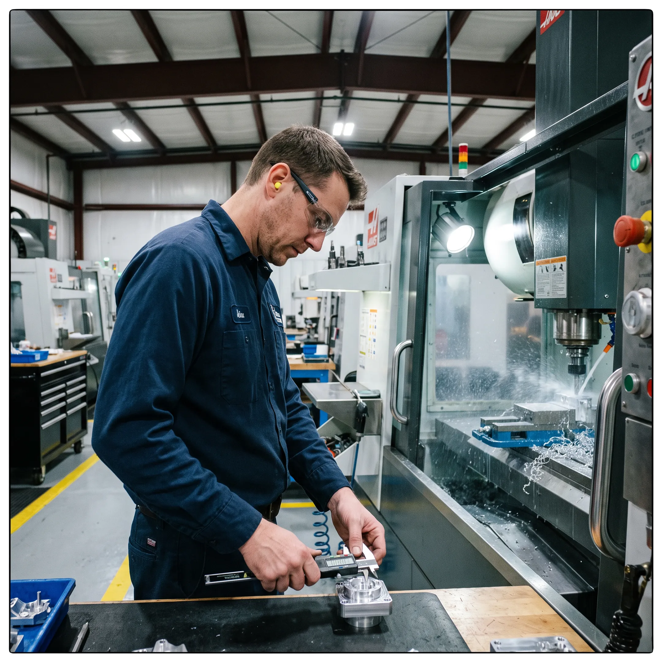 Machinist inspecting a precision CNC prototype part