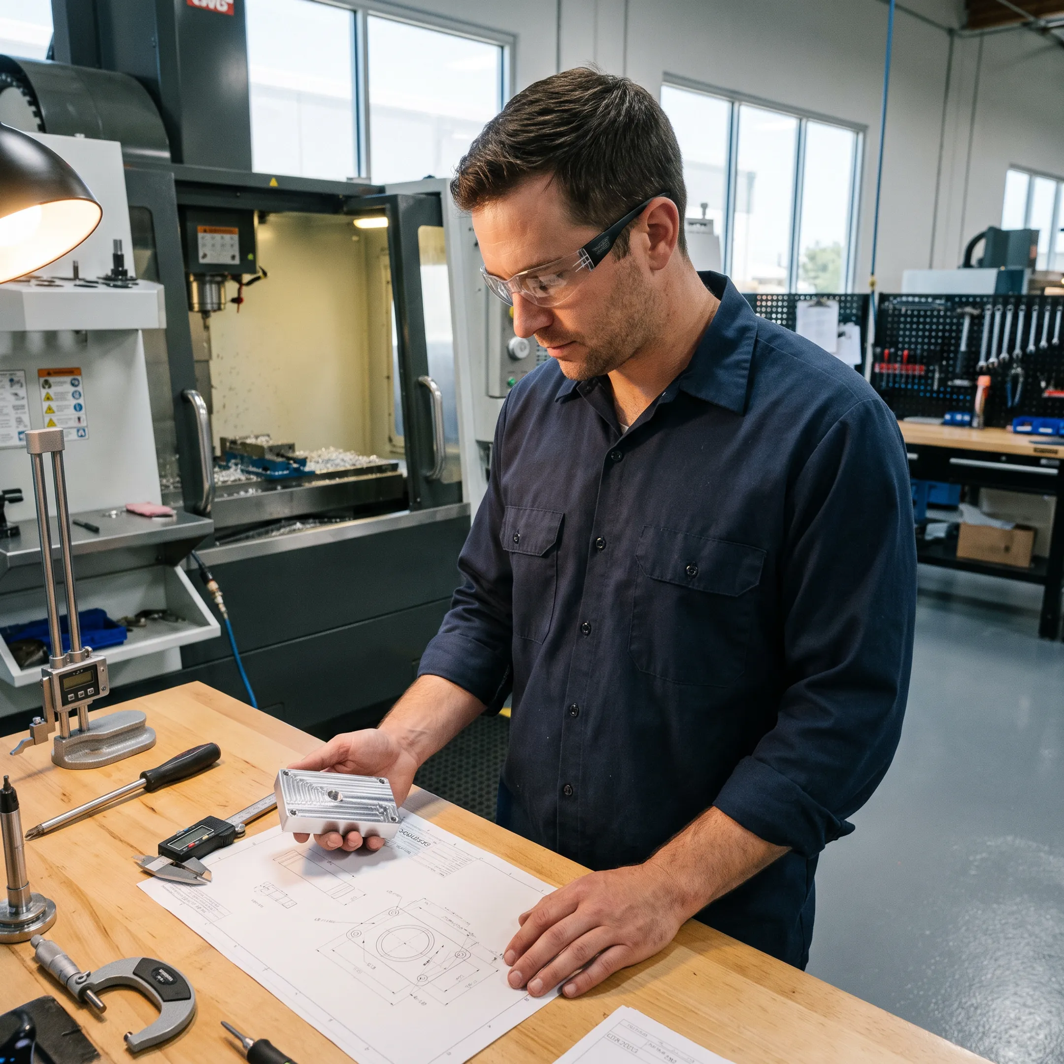 Engineer reviewing a machined prototype component