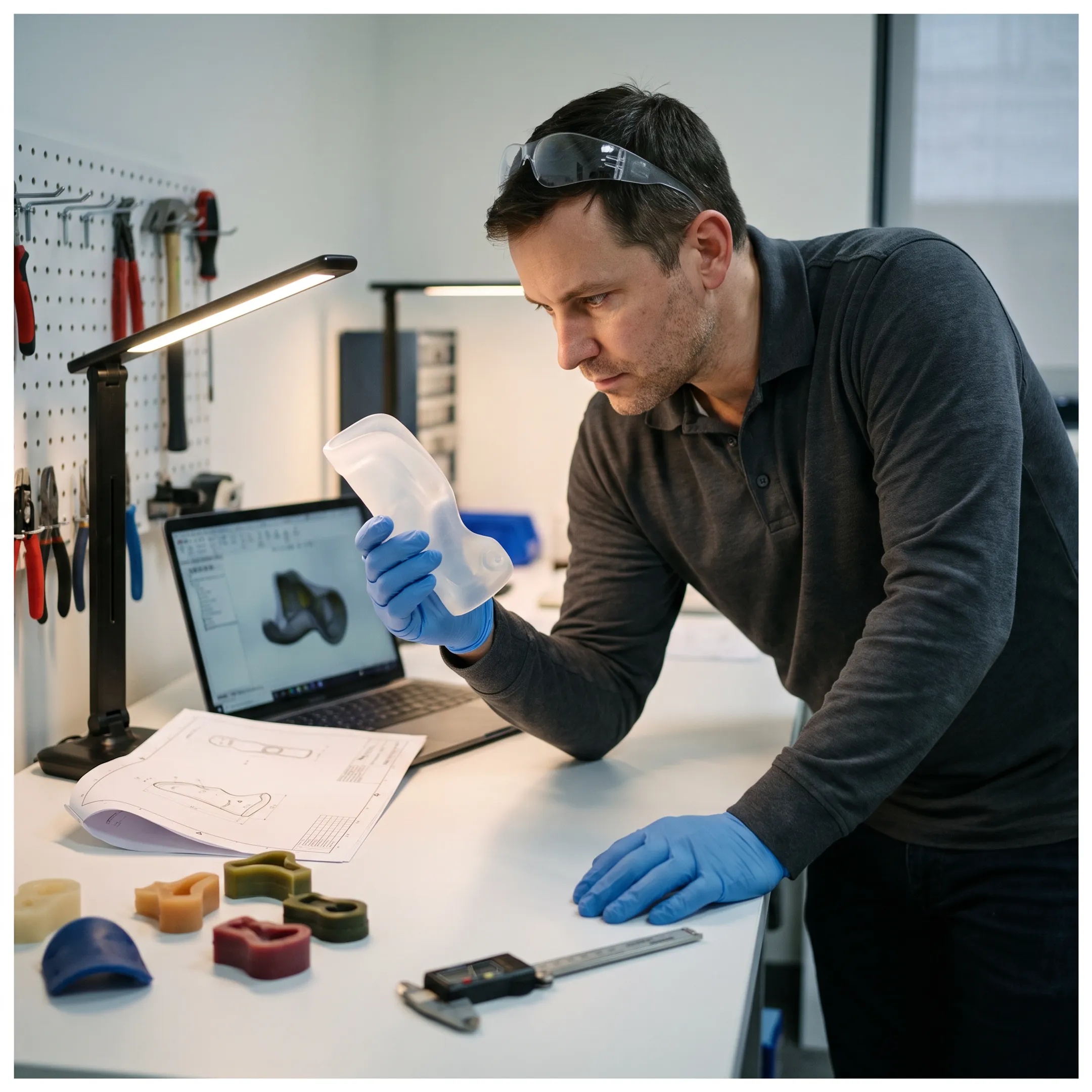Medical product developer reviewing molded component prototypes